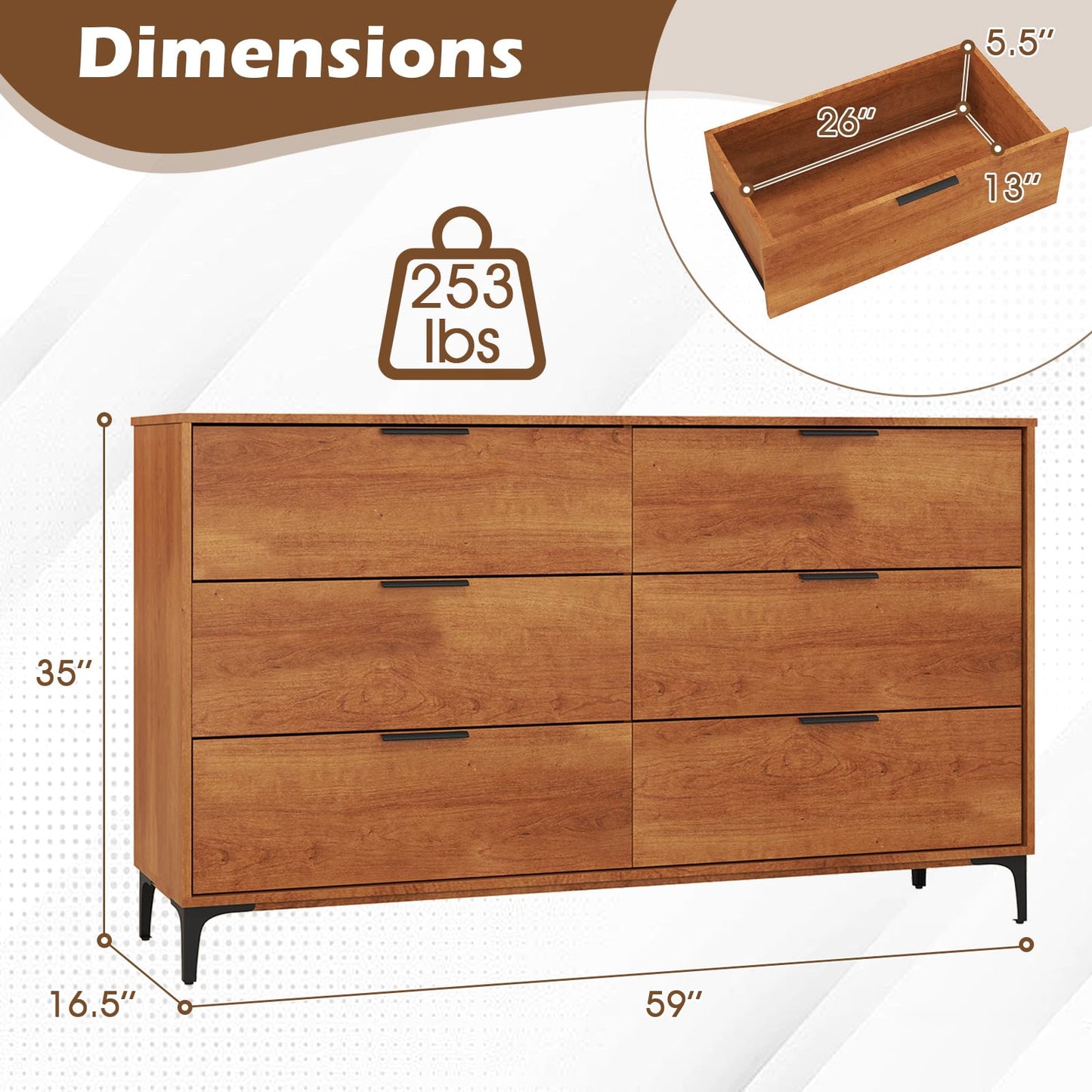LOKO Mid Century Modern 6-Drawer Dresser, Wooden Chest of Drawers with Interlock System, Tall Storage Dresser for Bedroom, Living Room, Hallway, Cherry