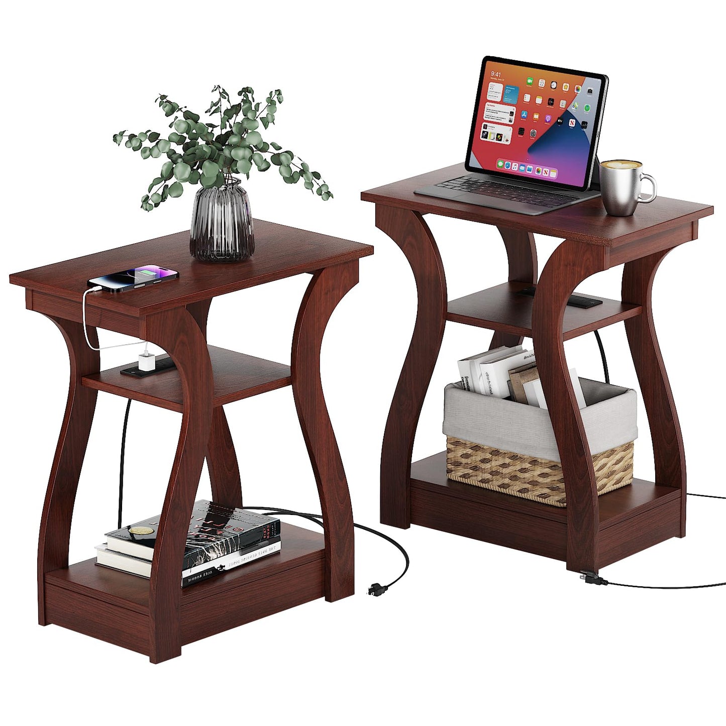 FROMJBEST End Tables Living Room Set of 2,Cherry End Table with Charging Station,Side Table, Nightstand for Bedroom, 3 Tier End Table with Storage Shelf for Living Room(Cherry)