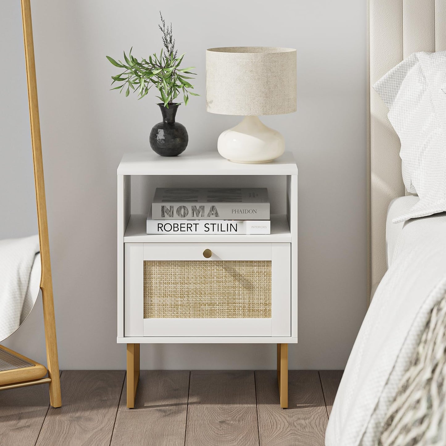 Masupu Rattan Nightstand,Modern Boho Farmhouse Wood Bedside Table with Storage Drawer and Open Shelf,Small Gold Frame Side End Table for Bedroom,Living Room,Office(White)