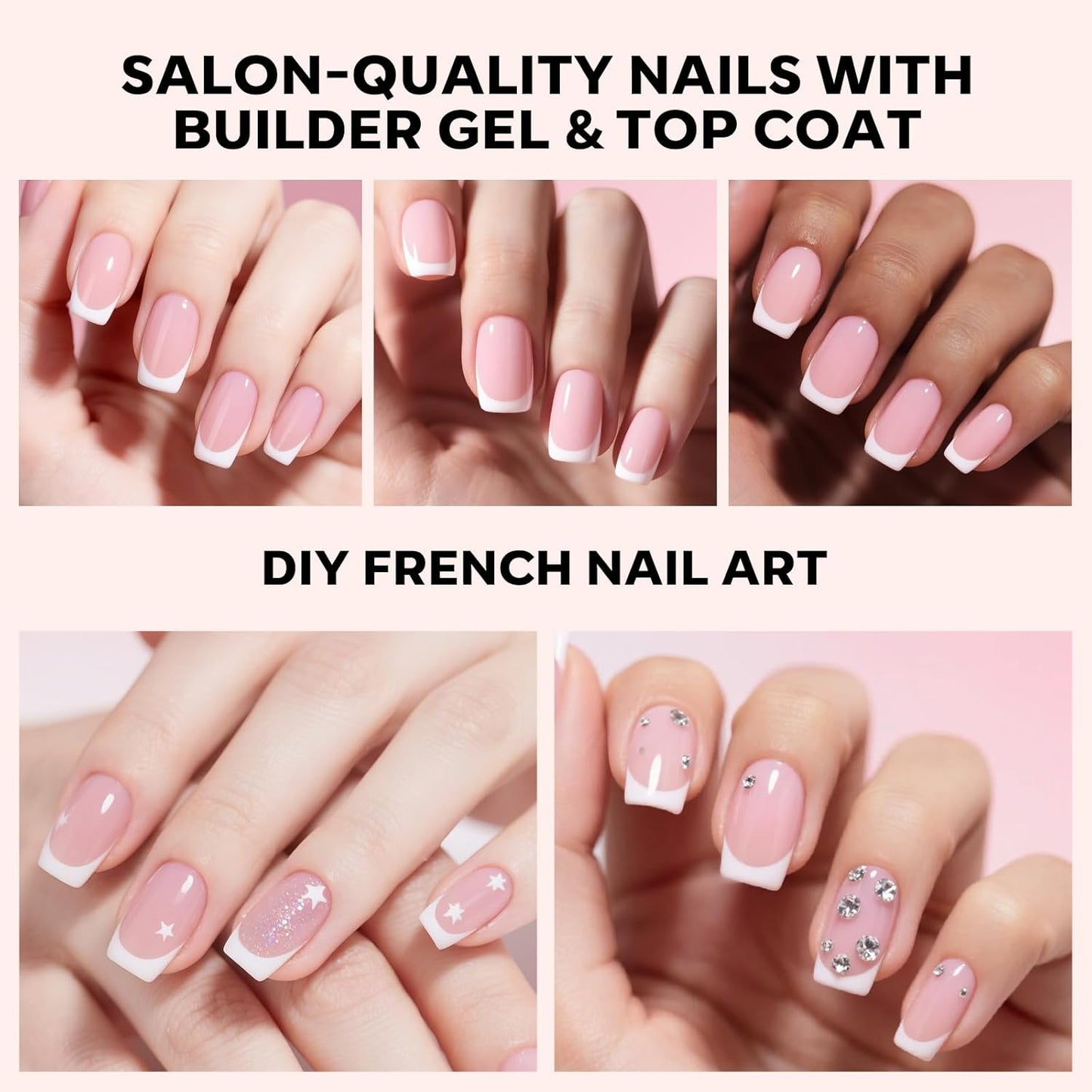 modelones French Tip Press on Nails, Short Square Fake Nails with Nail Box, Pink & White Gel Nail Tips for Women, Soft Glue-On Nails for Natural Salon Look, DIY Nail Art Kit