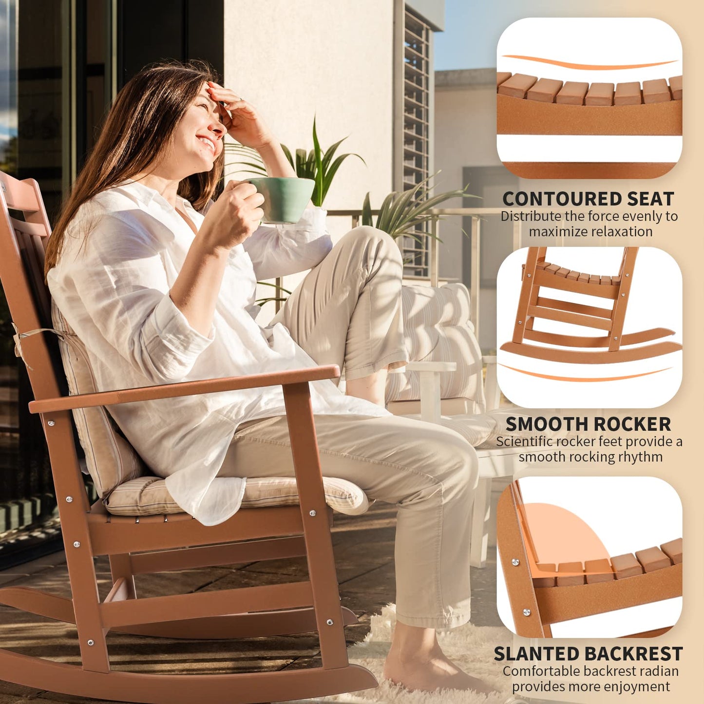 FUNBERRY Outdoor Rocking Chairs, HDPE All Weather Poly Lumber Rocker, High Back Patio Rockers Easy Assembly