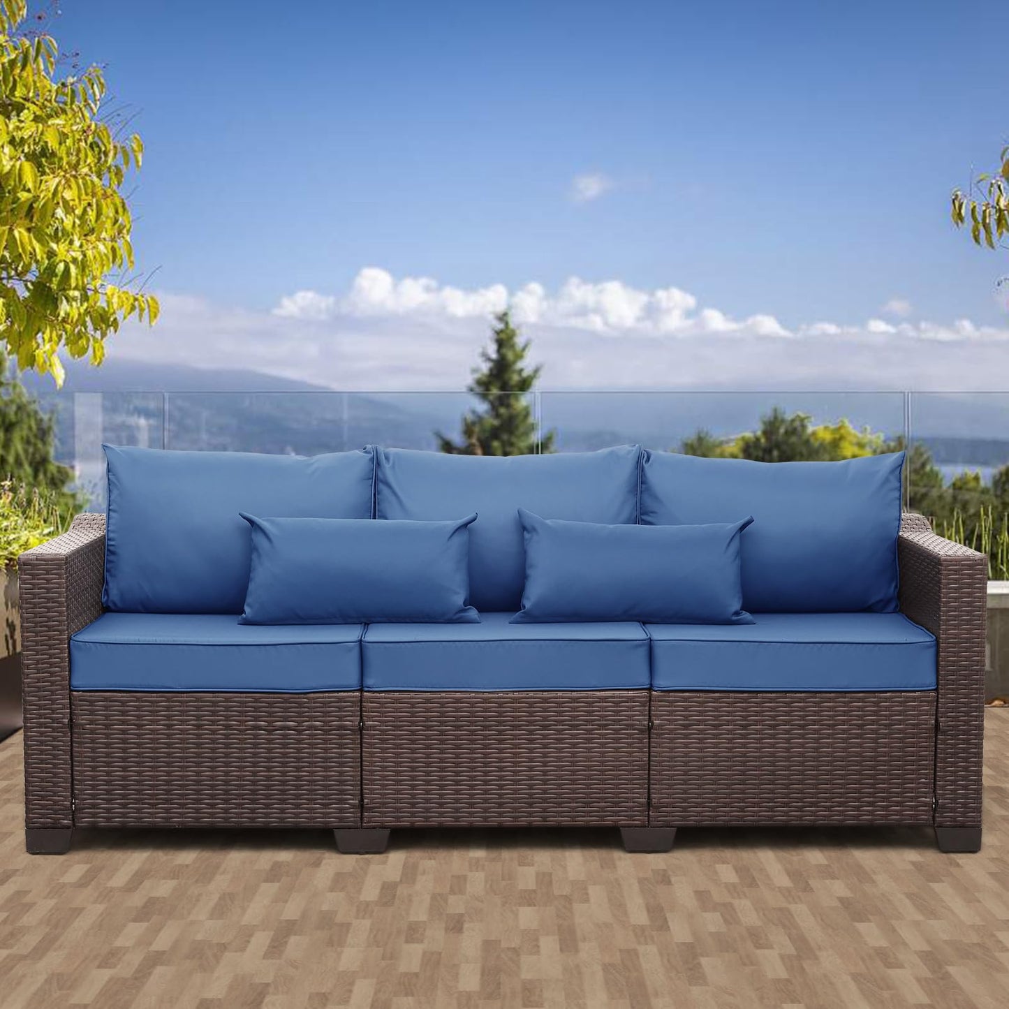 Rattaner 3-Seat Patio Wicker Sofa, Outdoor Rattan Couch Furniture Steel Frame with Furniture Cover and Deep Seat High Back, Blue Anti-Slip Cushion.