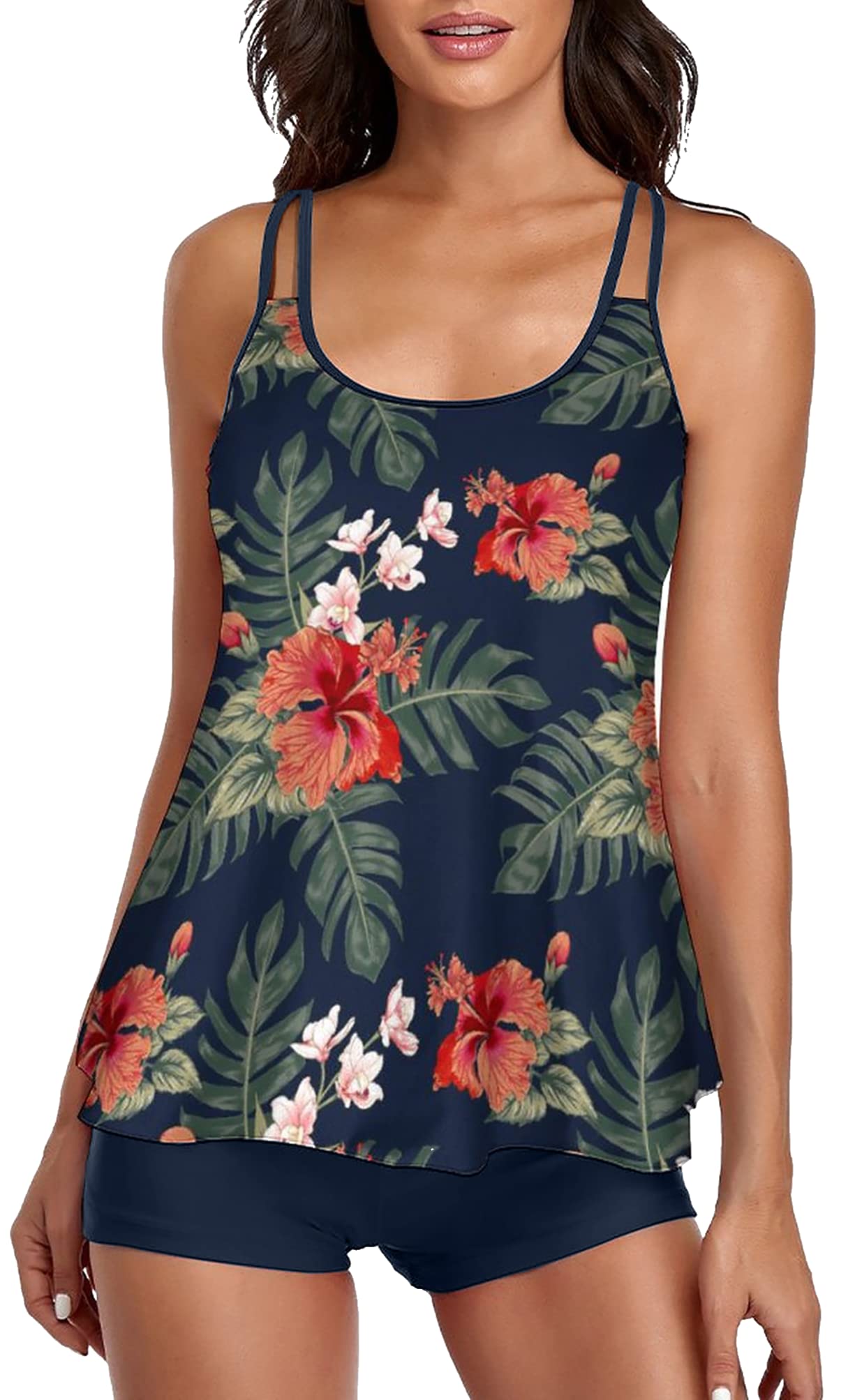 BEOYING Tankini Swimsuit for Women Floral Two Piece Bikini Tummy Control Bathing Suit Blouson Tank Top Swimwear with Boyshorts