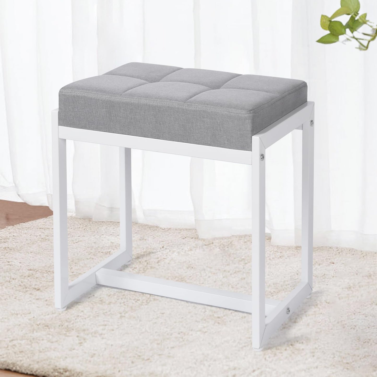 FLYZC Vanity Stool, Vanity Chair Stools for Makeup Room, Square Linen Makeup Stool for Vanity, Modern Padded Small Ottomans Foot Rest for Bedroom Living Room, Grey & White