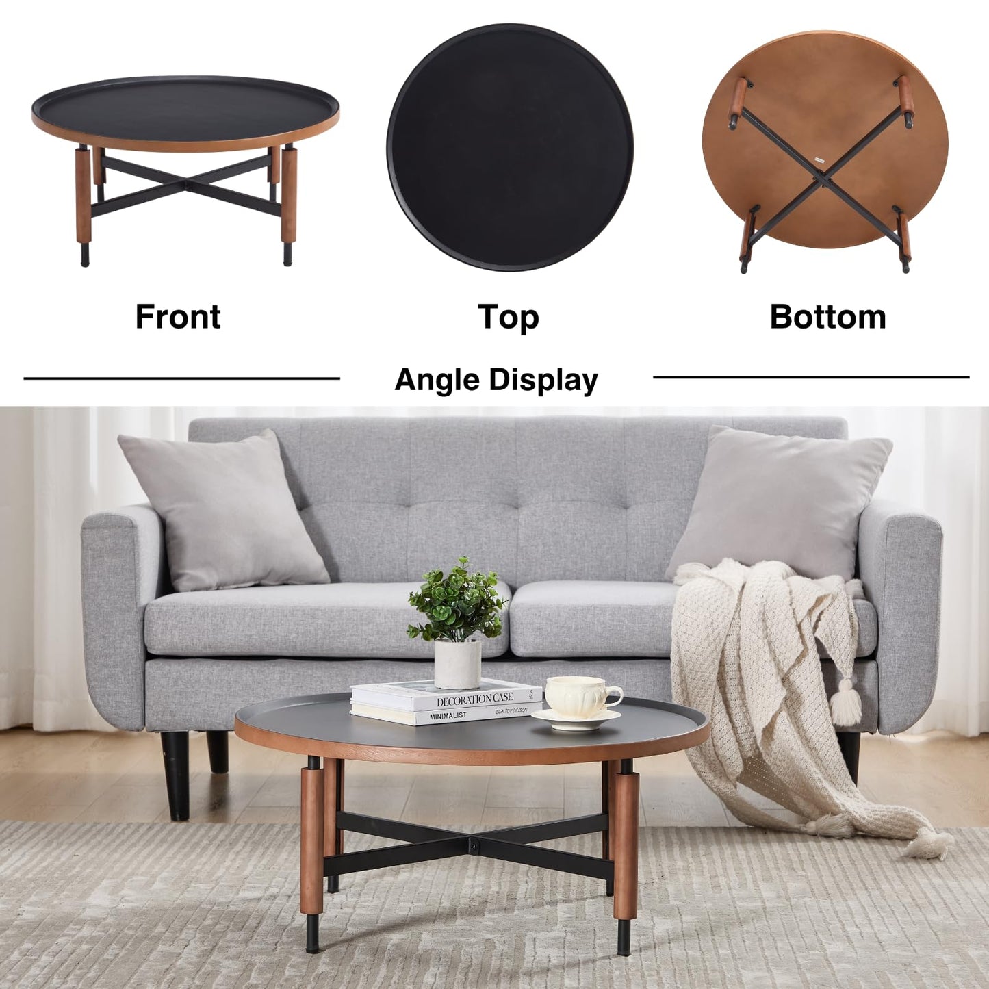 DUOMAY Modern Round Wood Coffee Table, 31.25'' Wide Center Table with X-Shaped Metal Base, Round Tubular Iron Legs Covered with Rubber Wood for Living Room, Lounge, Office, Apartment, Black