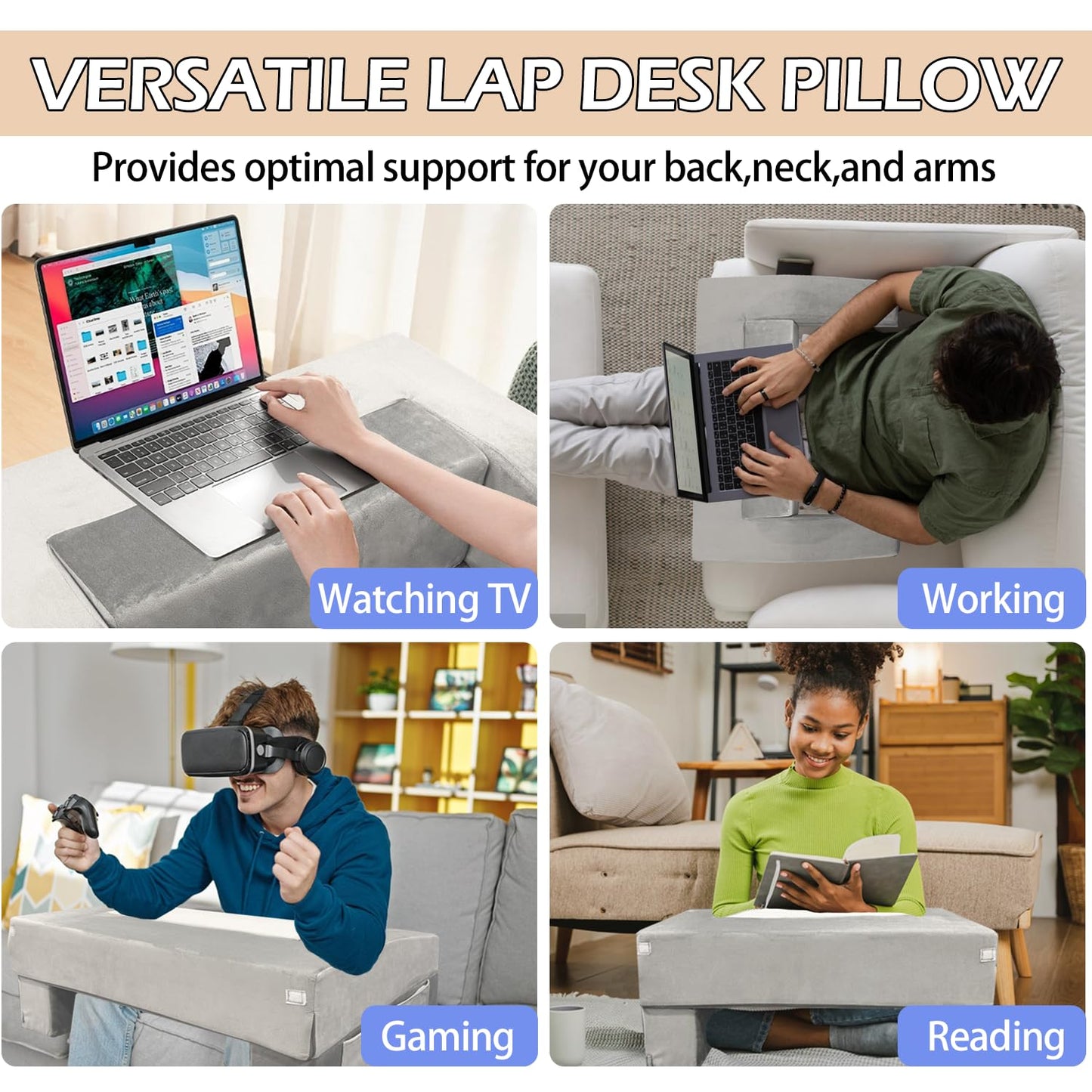 Nevsokio Extra Large Memory Foam Reading & Gaming Pillow with Adjustable Arm Rest, Lap Desk Pillow for Adults – Ergonomic Support for Working, Gaming, Reading in Bed, Couch, Floor (Grey)