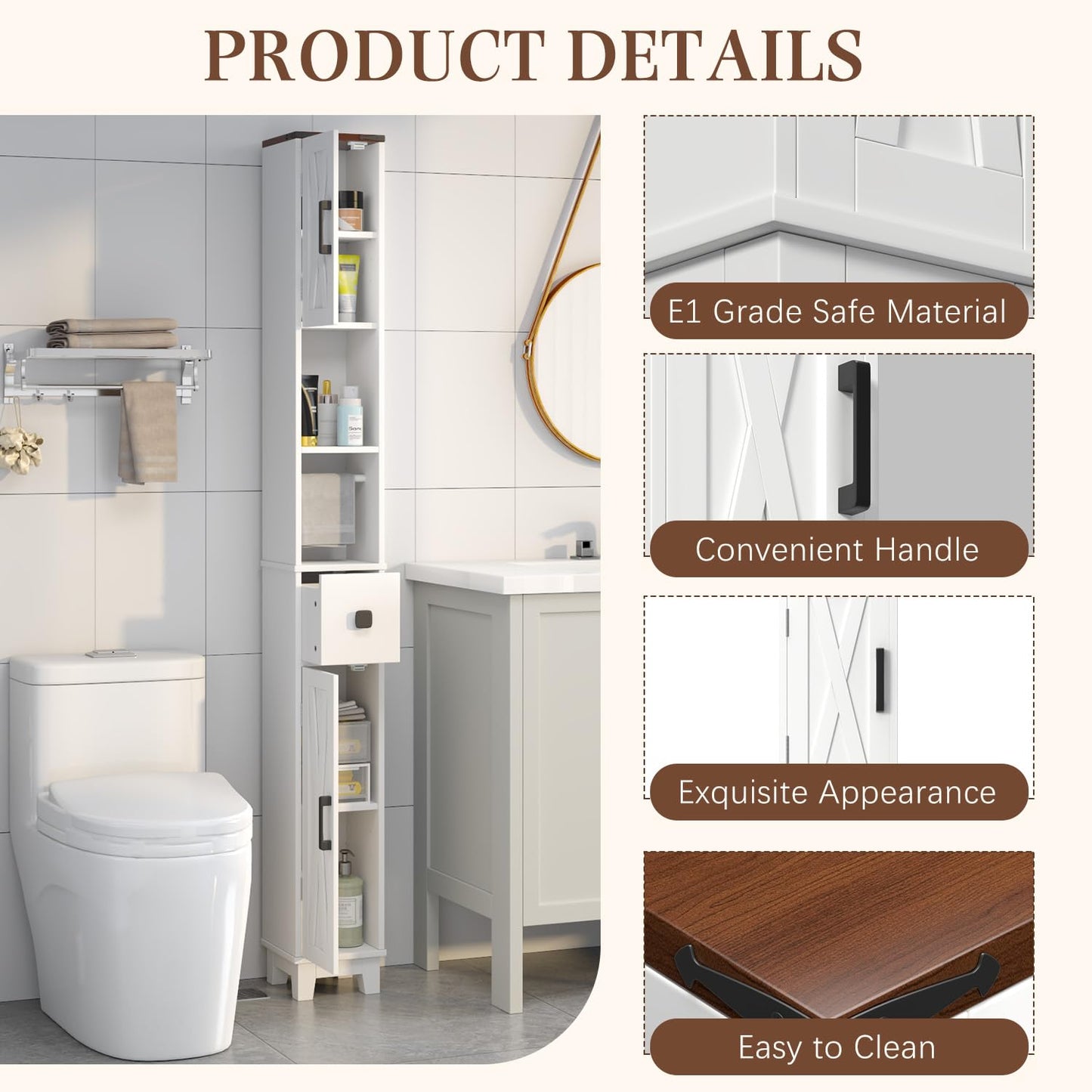 EROMMY Narrow Bathroom Storage Cabinet,71'' Tall Slim Bathroom Cabinet with Adjustable Shelves & Towel Bar, Skinny Freestanding Floor Cabinet for Small Space, Living Room, Shower Room, White