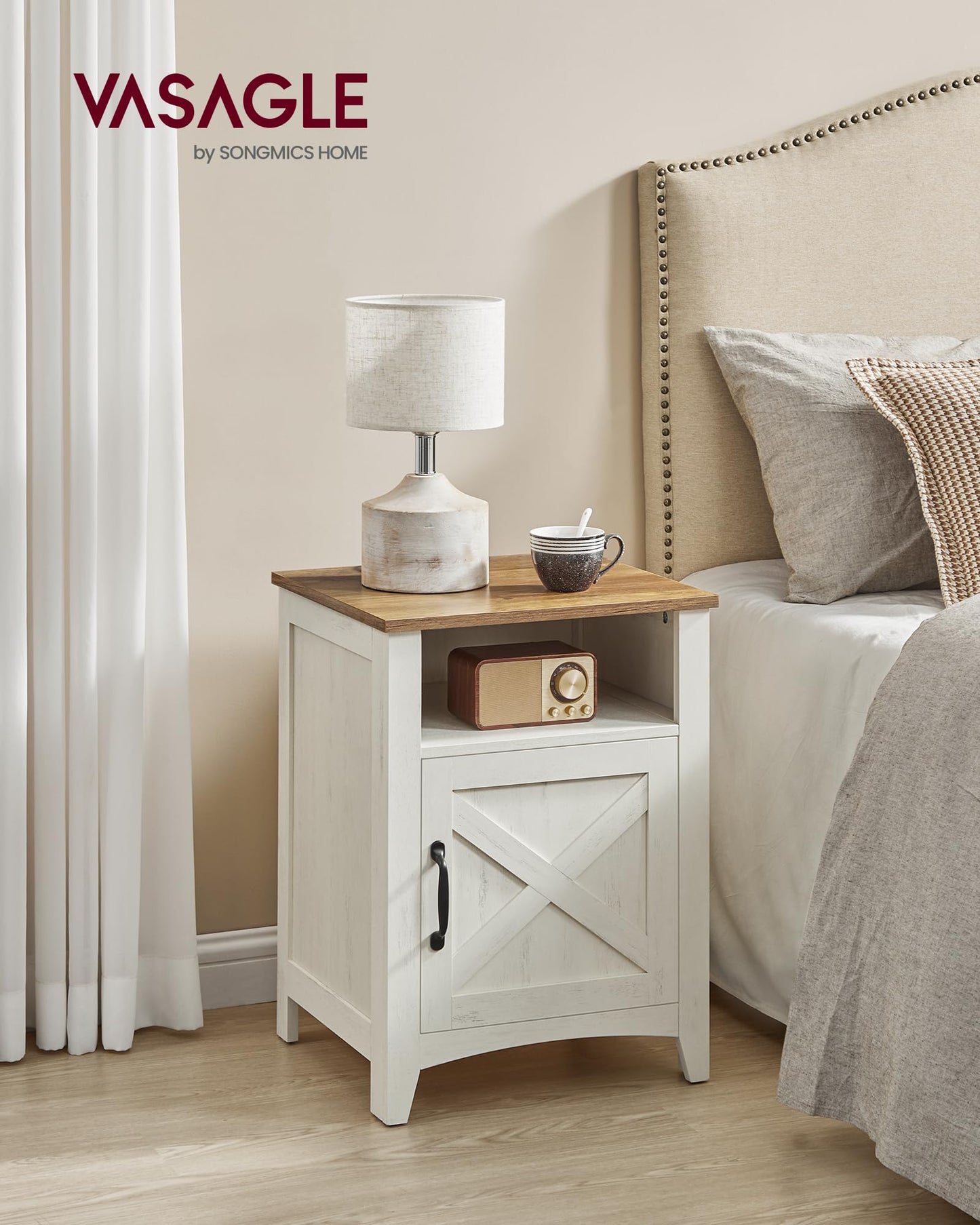 VASAGLE LIRY Collection - Farmhouse Nightstand with Barn Door, Set of 2, Bedside Table with Storage, Side End Table, Night Stand, Open Compartment, for Bedroom, Rustic White and Honey Brown ULET809K41