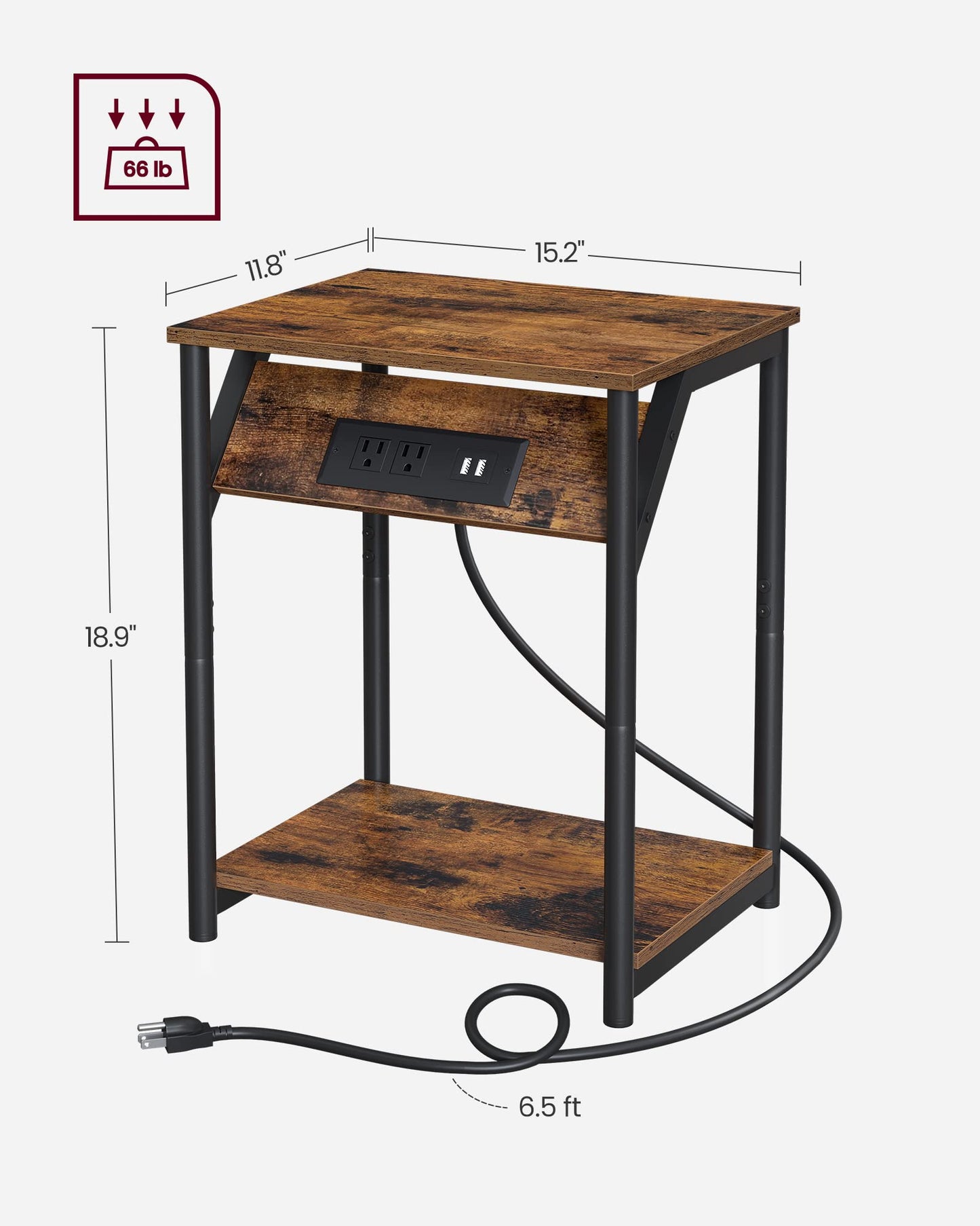 VASAGLE End Table with Charging Station, Set of 2, Small Side Tables for Living Room, Bedroom, Nightstand with Outlets and USB Ports, Bedside Table with Storage Shelf, Rustic Brown and Black