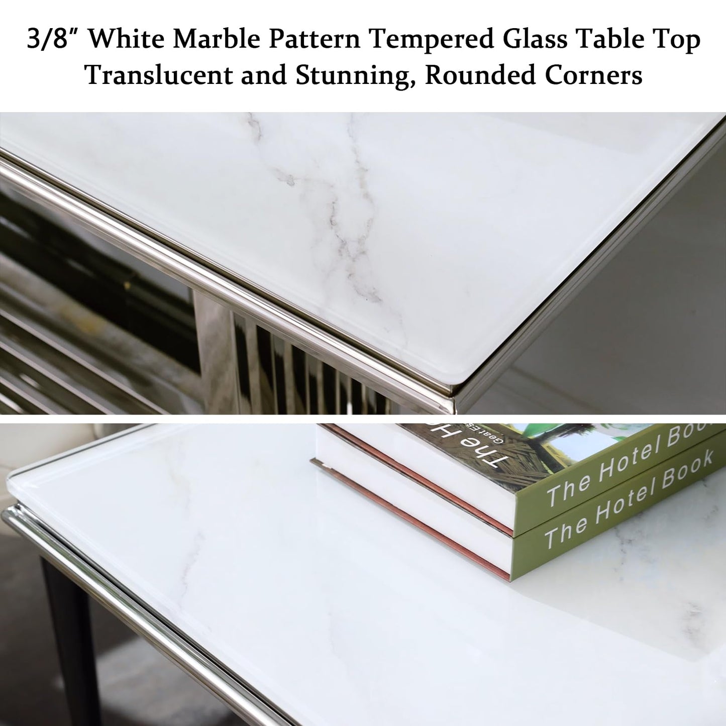 AUZ Silver Coffee Table, 50" White Glass Coffee Table for Living Room, Modern Rectangular Center Table with Gorgeous Mirrored Stainless Steel Base