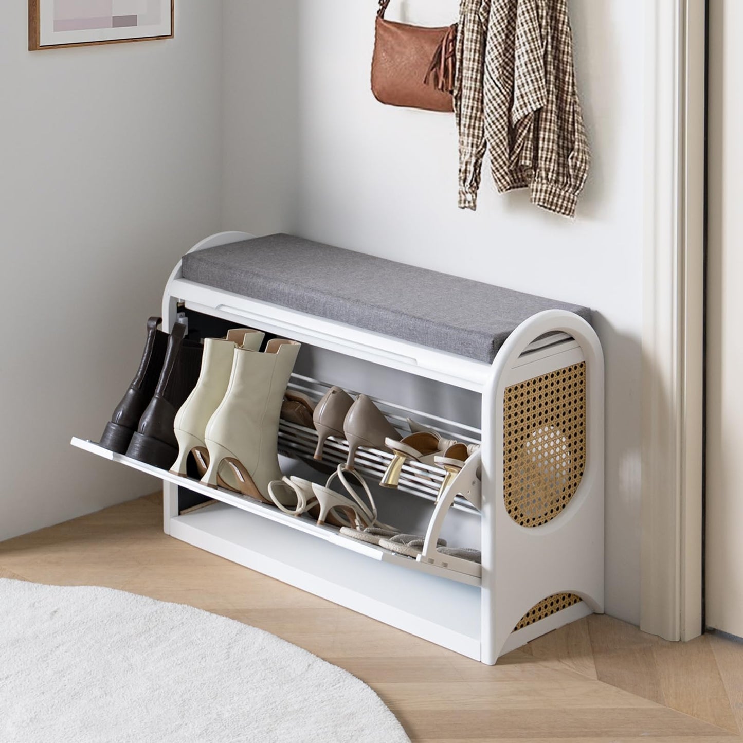 Jiansu furni Shoe Bench with Storage,Rattan Shoe Bench with Seating and Cushion, Shoe Organizer with Shelf Wooden Storage for Hallway and Bedroom,White (2PCS)