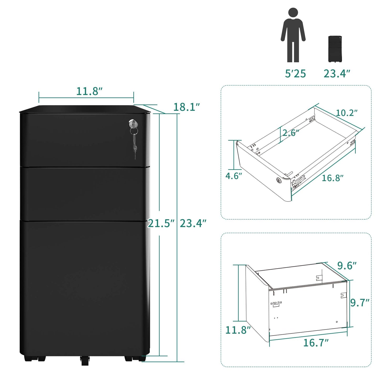 YITAHOME 3-Drawer Metal Filing Cabinet Office Drawers with Keys, Compact Slim Portable File Cabinet, Pre-Built Office Storage Solution for A4/Letter/Legal, Black