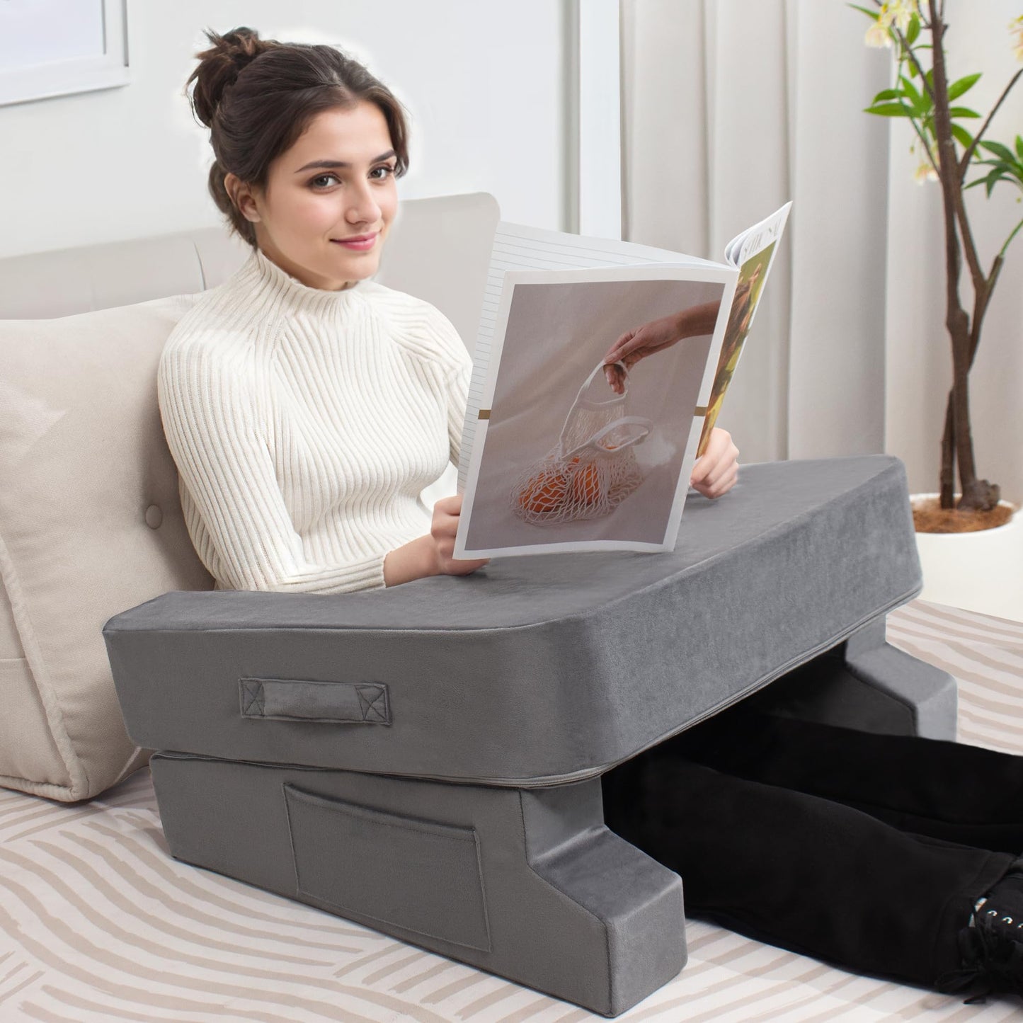 Reading Pillow for Gaming/Lap，Lap Pillow with Cup Holder for Reading, Working, Sitting in Floor Sofa, Lap Pillow with Cup Holder Pocket,Grey