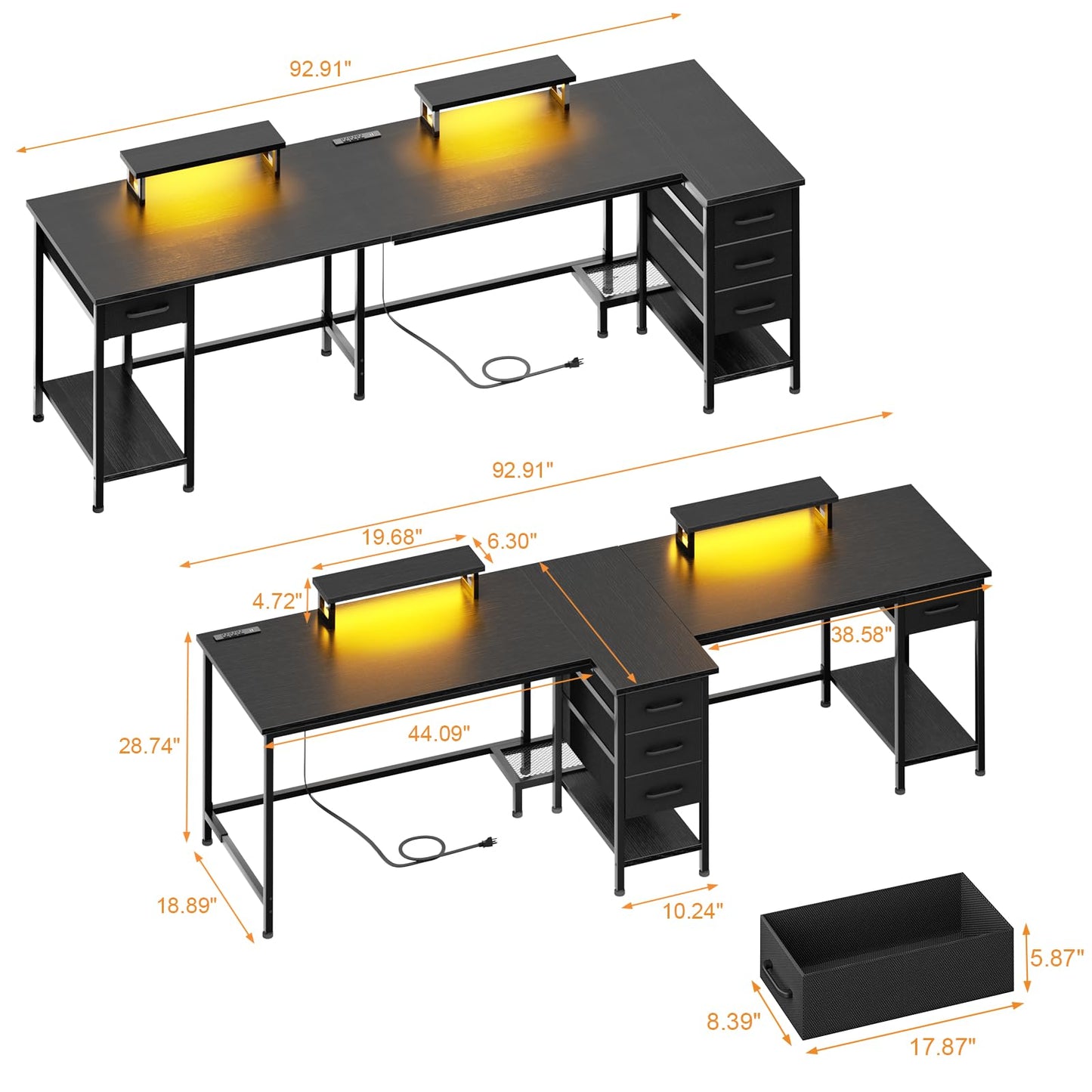 Korfile 93" Two Person Office Desk, Long Computer Gaming Desk with Power Outlets & LED Lights, Large Home Office Desk with 4 Storage Drawers & 2 Monitor Stand for Work Writing Study