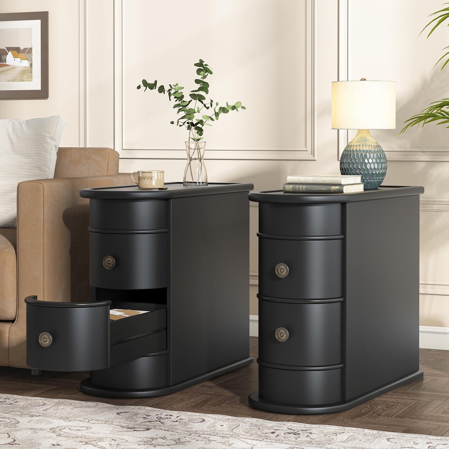 Tribesigns Wood End Table Set of 2, Narrow Solid Side Table 2-Drawer Slim Chair Side Table, No Assembly Required, Finished Back, Black
