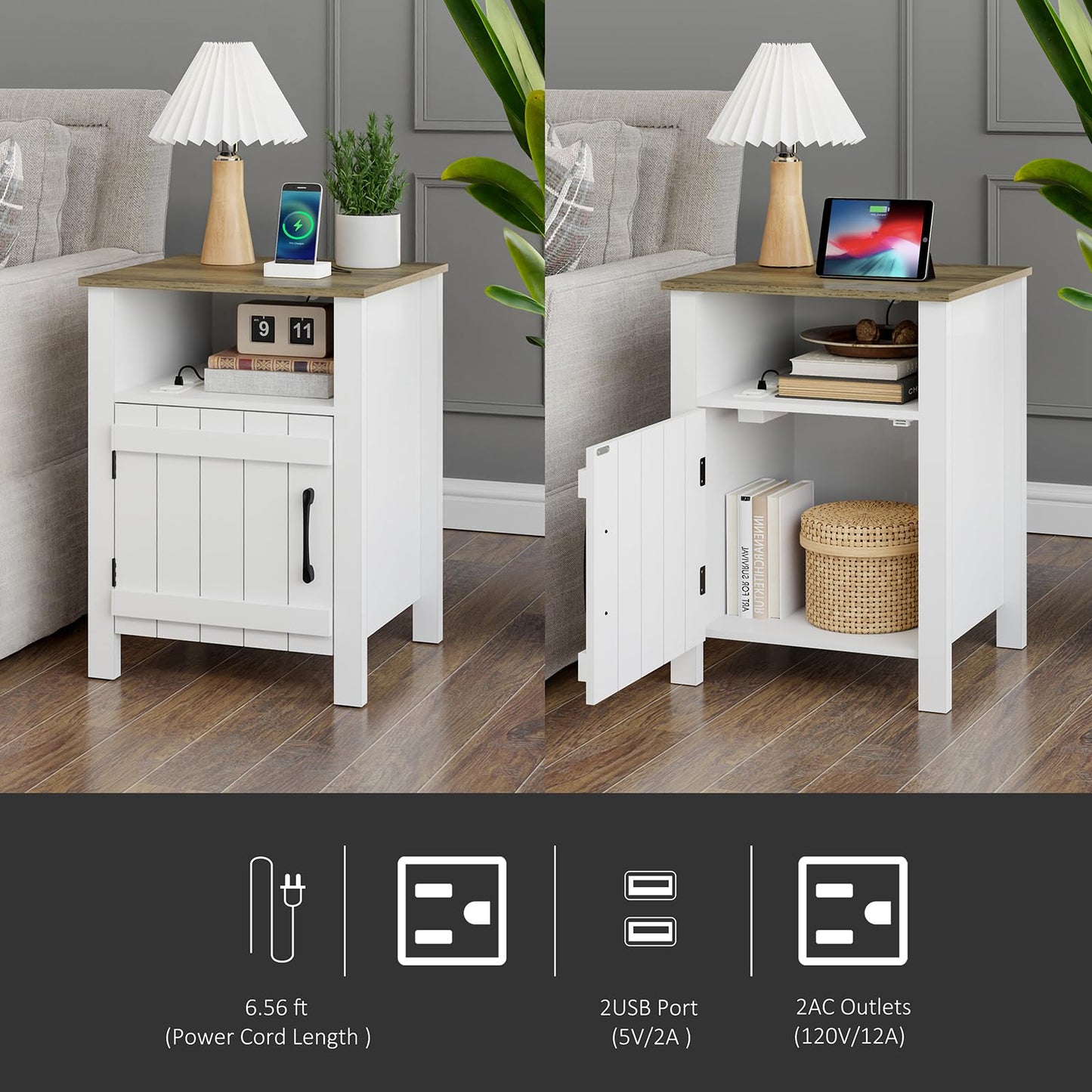 RRX Large Nightstand, End Table with Charging Station, 15.7''Lx17.7''Wx23.6''H Farmhouse Bedside Table with Barn Door and Storage Shelf, Wooden Sofa Side Table (2, White)