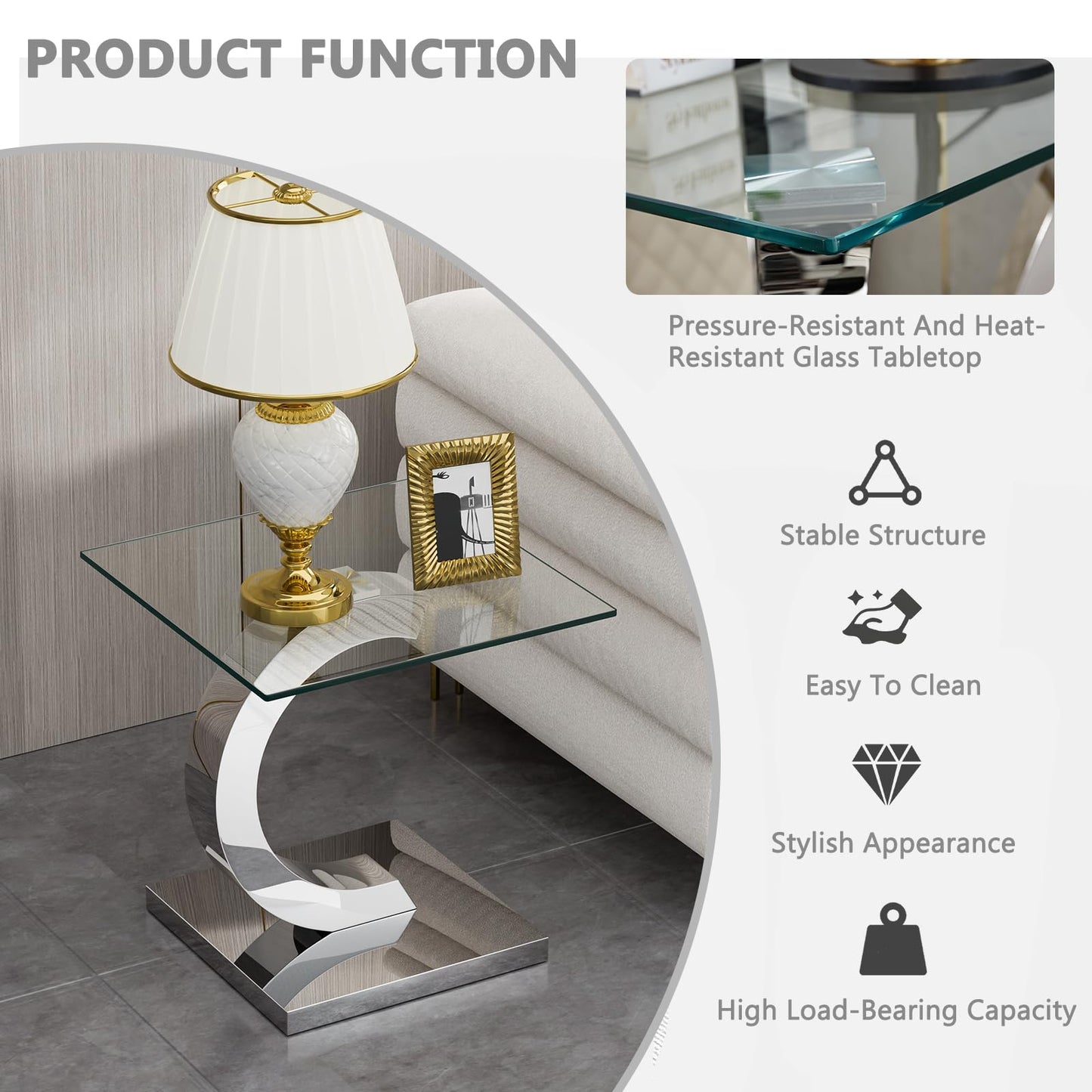 HomVent 3 Piece Glass Coffee Table Set, Living Room Side Table Set of 3, Modern Tempered Glass Coffee Table and 2 End Tables Set with Silver Unique Shapes Stainless Steel Base for Living Room