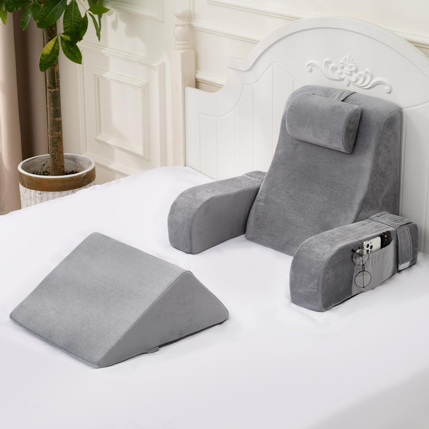 NIAOMAOGOU Reading Pillow for Sitting in Bed Adult, Back Pillow for Sitting Up in Bed with Arm Rest and Knee Rest, Suitable for Gaming,Watching TV on Floor, 19in 5Pcs, Grey
