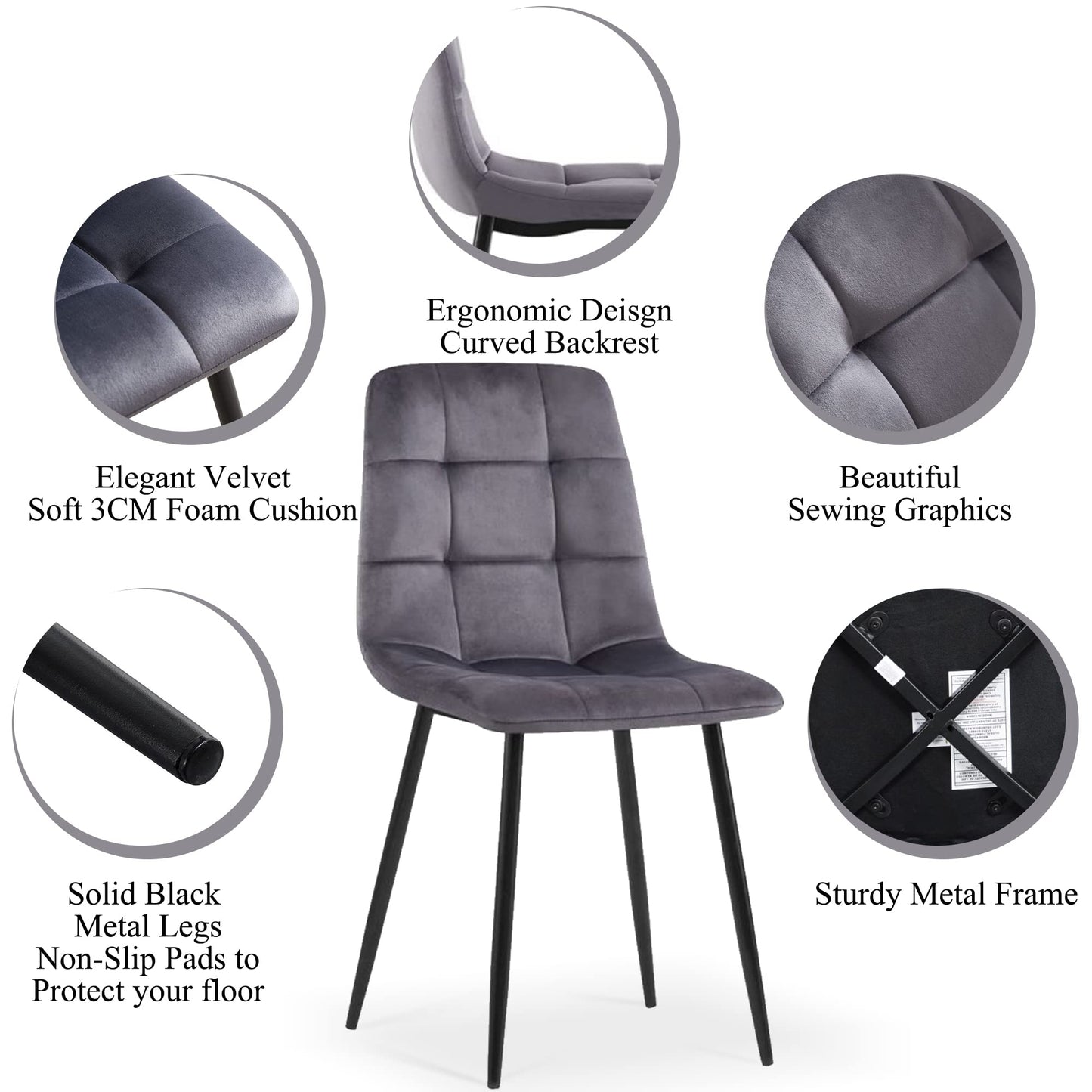 Homedot Kitchen Table and Chairs Set for 4, 37" Grey Round Dining Table with Hooks, Solid MDF Faux Wood Tabletop, Grey Velvet Dining Chairs Upholstered Side Chair with Back