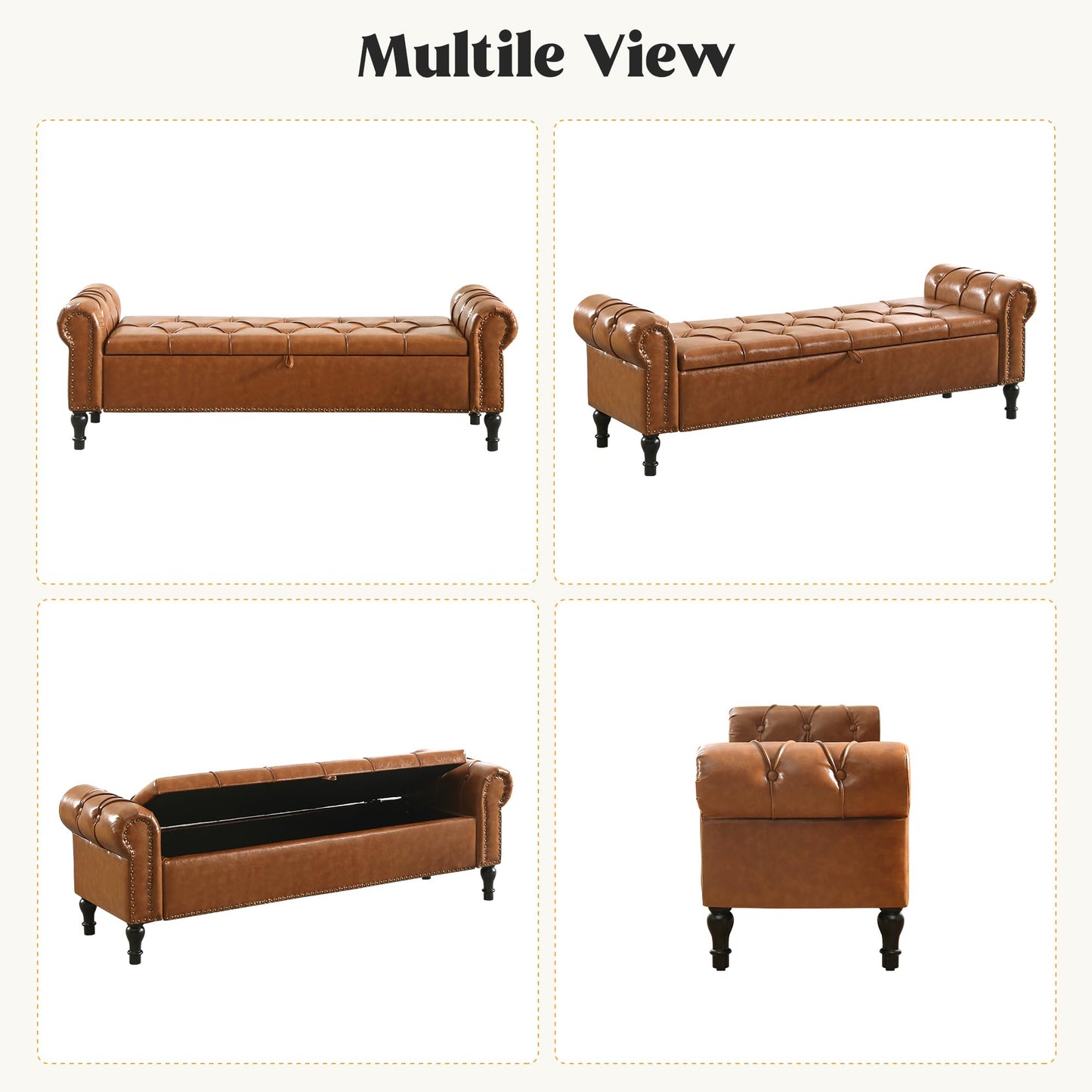 HOMYKA Faux Leather Storage Bench for Bed Room 67 Inch Upholstered Tufted Ottoman Bench with Arms King Size Large Storage Space End of Bed Benches for Bedroom Living Room Entryway Brown