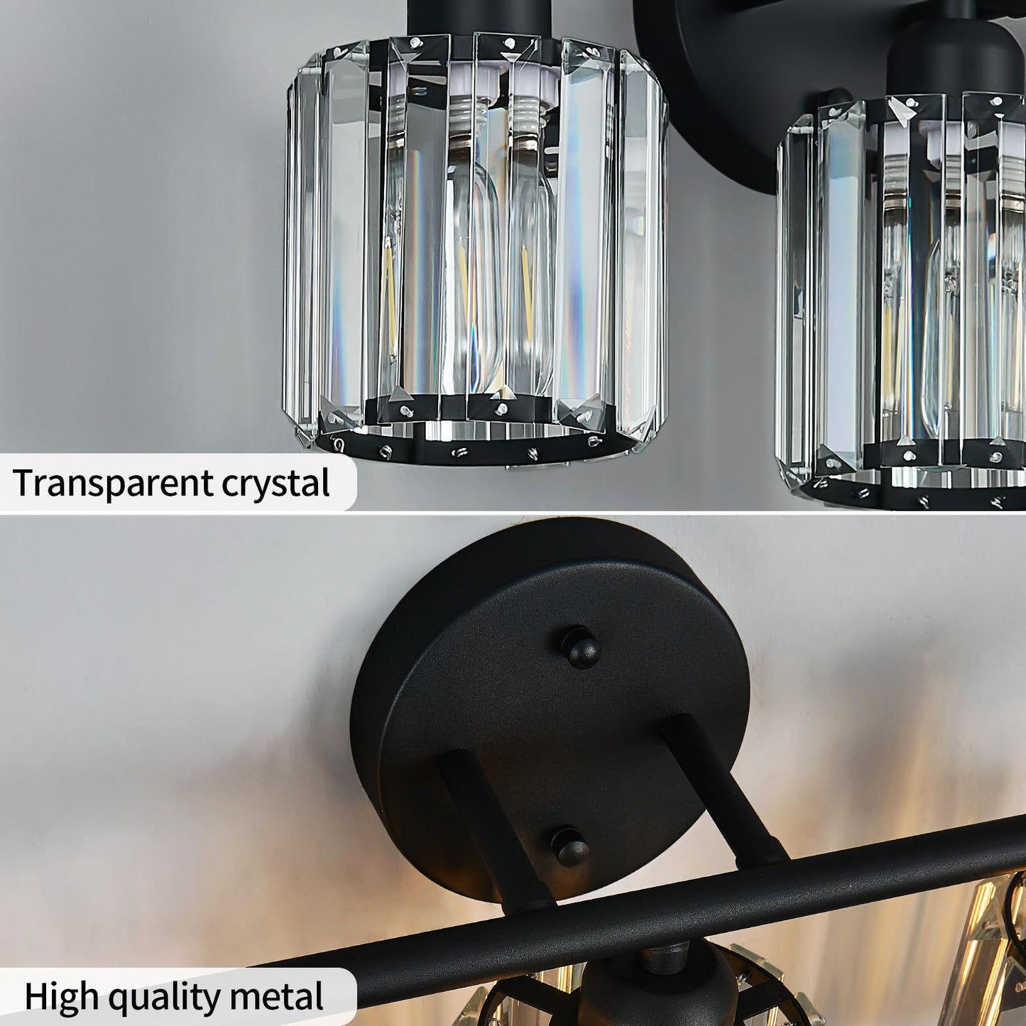FDPBY Modern 3 Light Crystal Vanity Light, Black Vertical Bathroom Light Fixture Over Mirror for Dressing Table Sink, Compatible with Dimmable Bulbs (Bulbs Not Included)