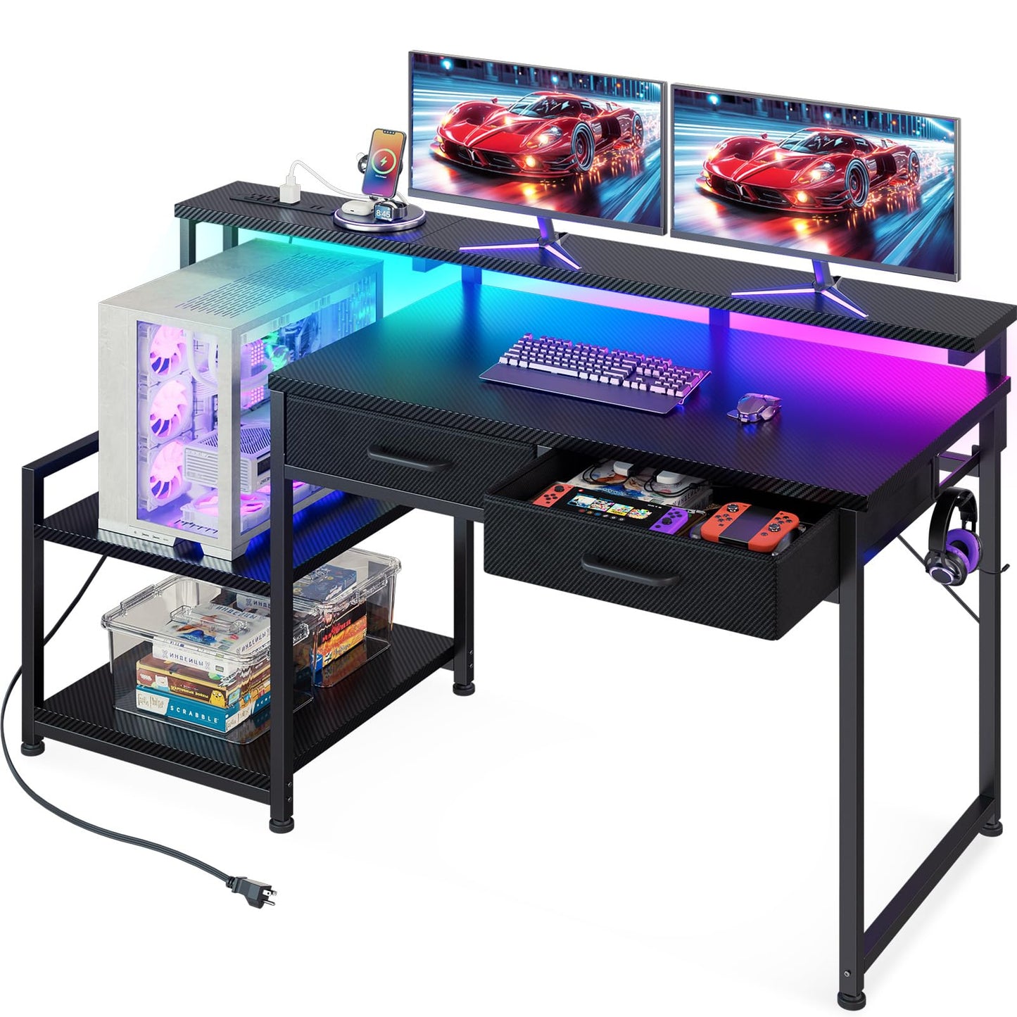ODK Gaming Desk with Led Lights & Power Outlet, 48 Inch Computer Desk with Drawers, Office Desk with Large Display Storage Shelves, Reversible Desk with Monitor Stand for Home, Carbon Fiber Black