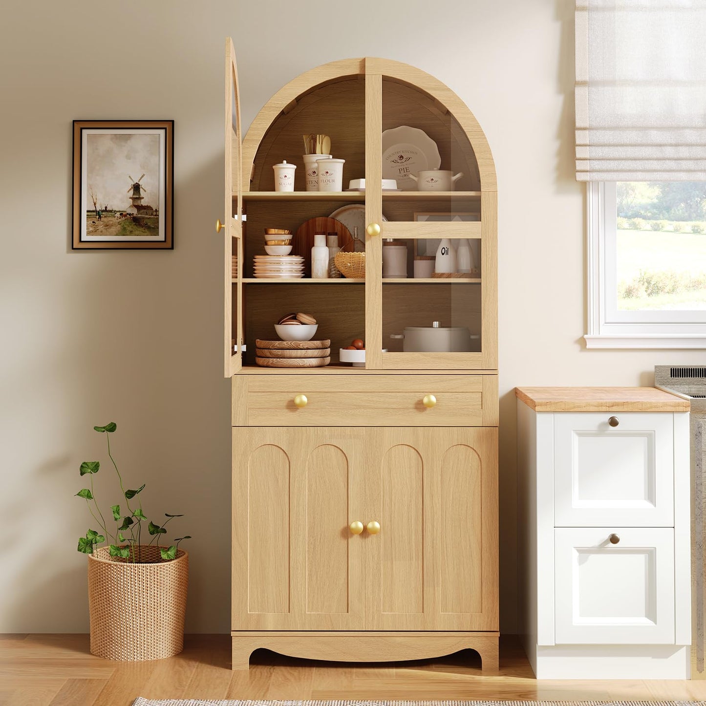 HOOBRO Arched Kitchen Pantry Cabinet, 71" Tall Pantry Cabinet with Drawer, Glass Door and Adjustable Shelves, Farmhouse Kitchen Storage Cabinet, for Living Room, Dining Room, Natural NL63PC01