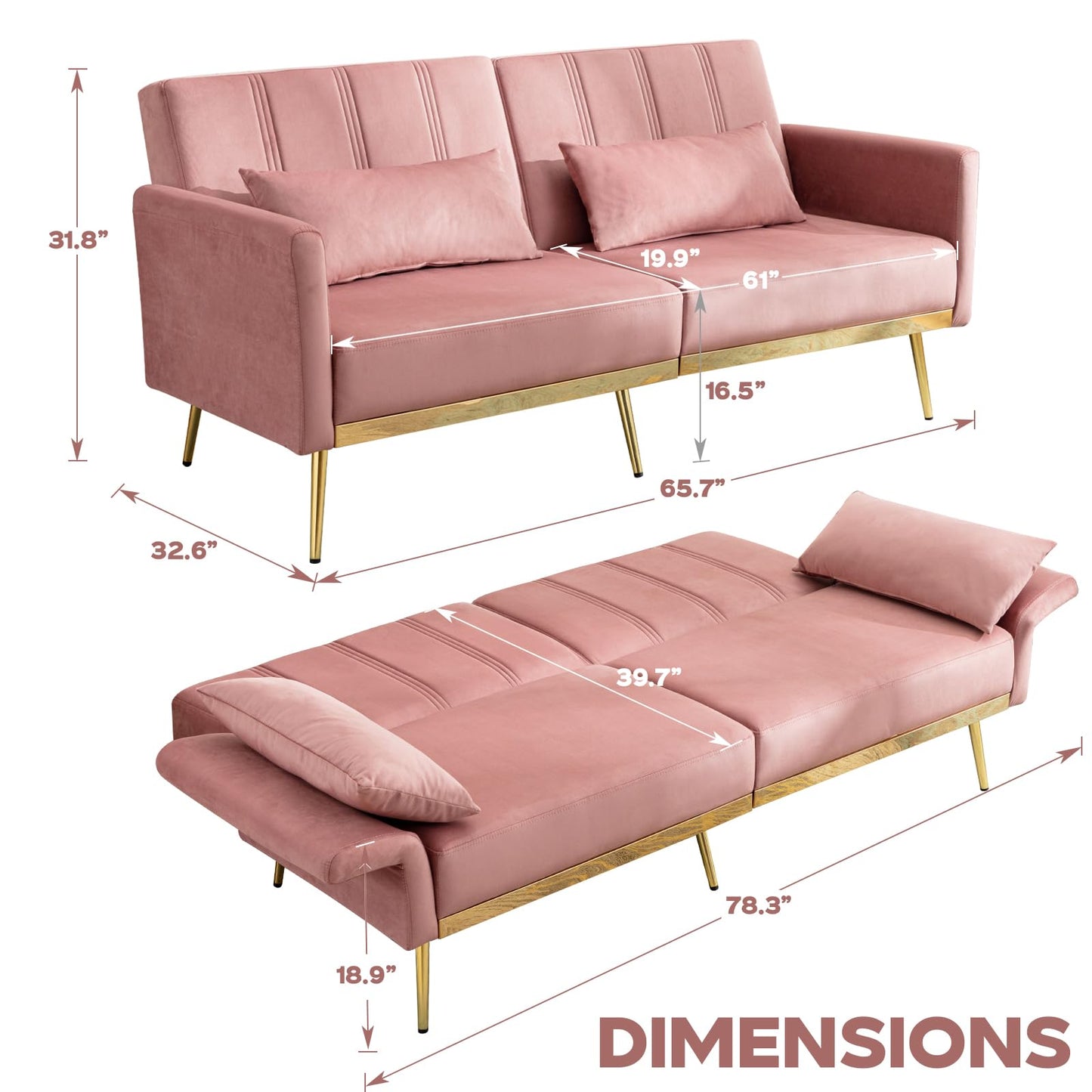 dannratch 70'' Futon Sofa Bed Velvet Convertible Sleeper Sofa Tufted Couch Bed with Adjustable Armrests and Backrest, Modern Loveseat Sleeper Bed with 2 Bolster Pillows for Living Room, Bedroom,Pink