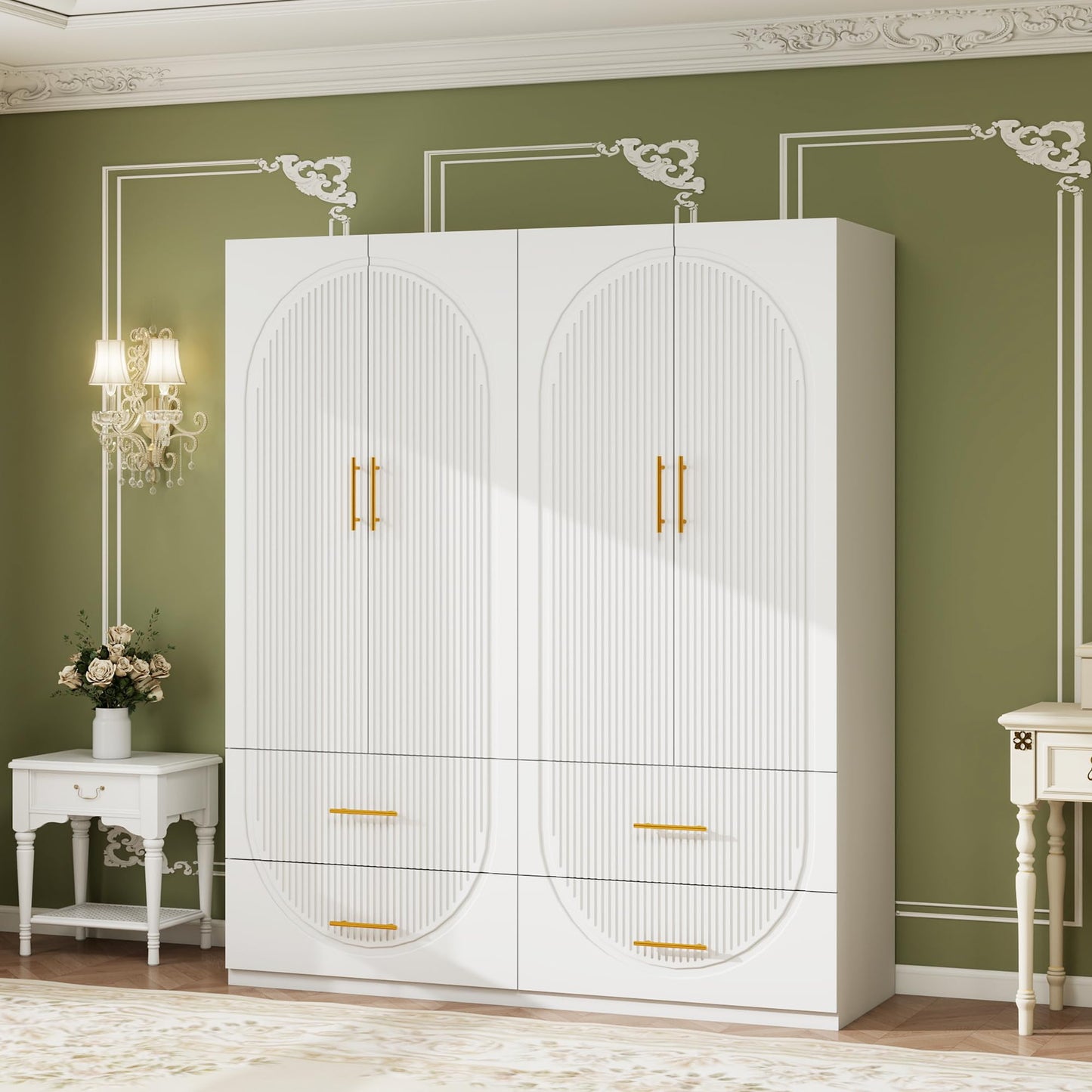 Keloyid Wardrobe Armoire Closet with 4 Door, 3 Shelves, 4 Drawers and 1 Hanging Rods, Wooden Closet Storage Cabinet for Bedroom, White