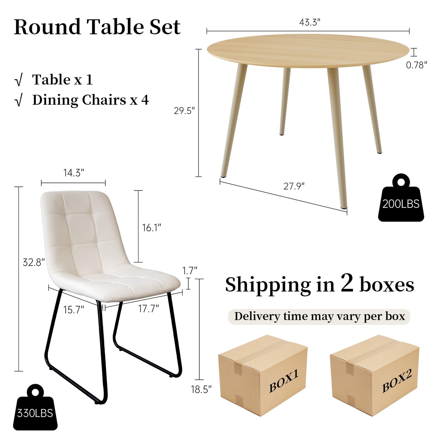 HIPIHOM 43.3 Inch Round Dining Table Set for 4, Modern Small Kitchen Coffee Set for Dining Room Kitchen Apartment (Cream Table+4 U-Shaped White Chairs)
