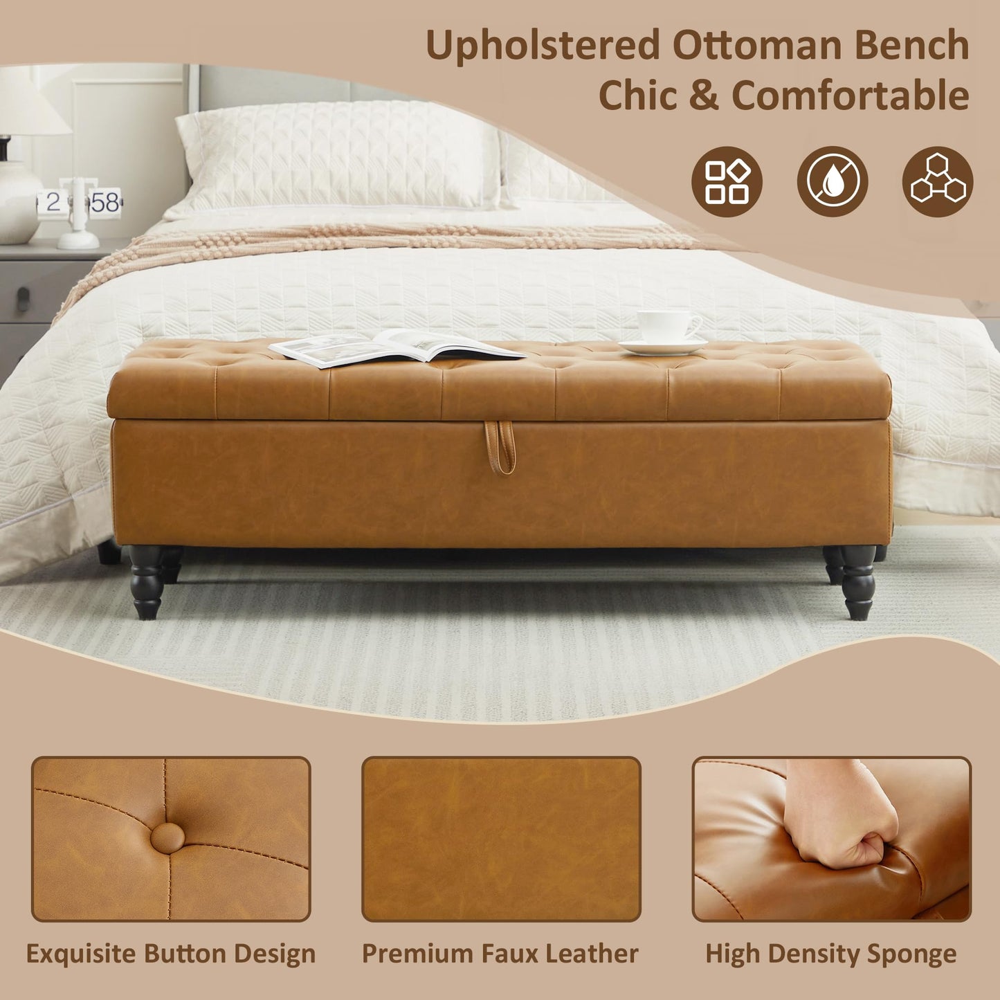 Hicosit 51 Inch Ottoman, Storage Bench Foot of Bed, Faux Leather Large Rectangular Upholstered Footstool for Bedroom End of Bed, Living Room, Entryway (PU Brown)