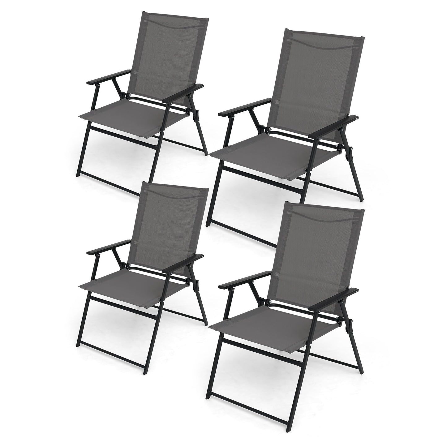 Anmutig Patio Folding Chairs Set of 4, Outdoor Portable Dining Chair with Sling Back and Armrests for Lawn Camping Courtyard Balcony Garden Grey
