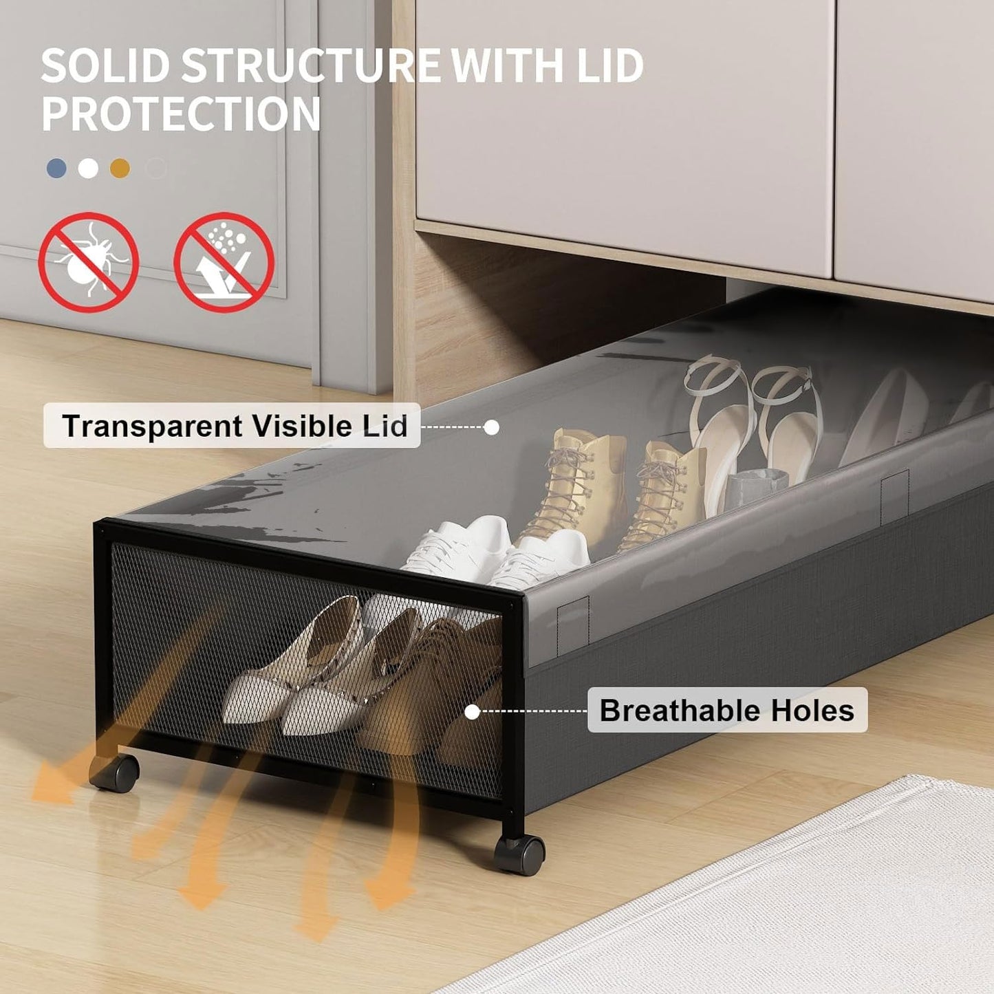 Under Bed Storage with Wheels, XXXL Larger Under Bed Storage Containers with Clear Lids, 36'' Lengthen Under Bed Shoe Organizer, Rolling for Shoes Clothes(Black 2 Pack, XXXL(36"x16.6"x7.48"))