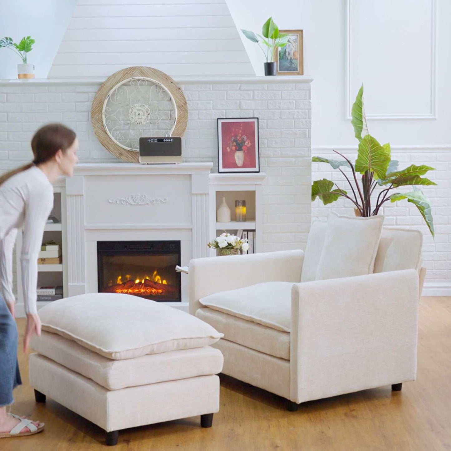 Oversized Accent Chair with Ottoman, Beige Chenille Modern Cloud Chaise Lounge Chair Indoor with Deep Seat, Upholstered Comfy Armchair Reading Chair for Bedroom Living Room Apartment