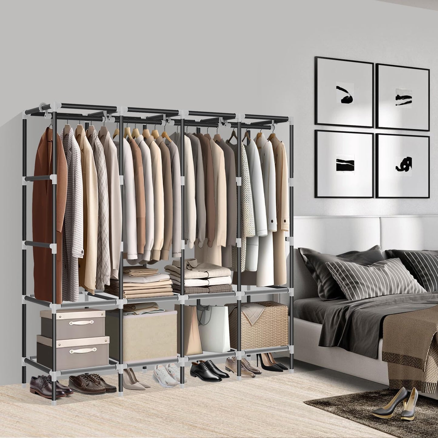 LOKEME Wardrobe Closet，Black Portable Closet with Zippers，65.4Inches 19mm Diameter，Portable Closets for Hanging Clothes，with 4 booms and Storage cabinets，Spacious Large -Capacity Storage Space
