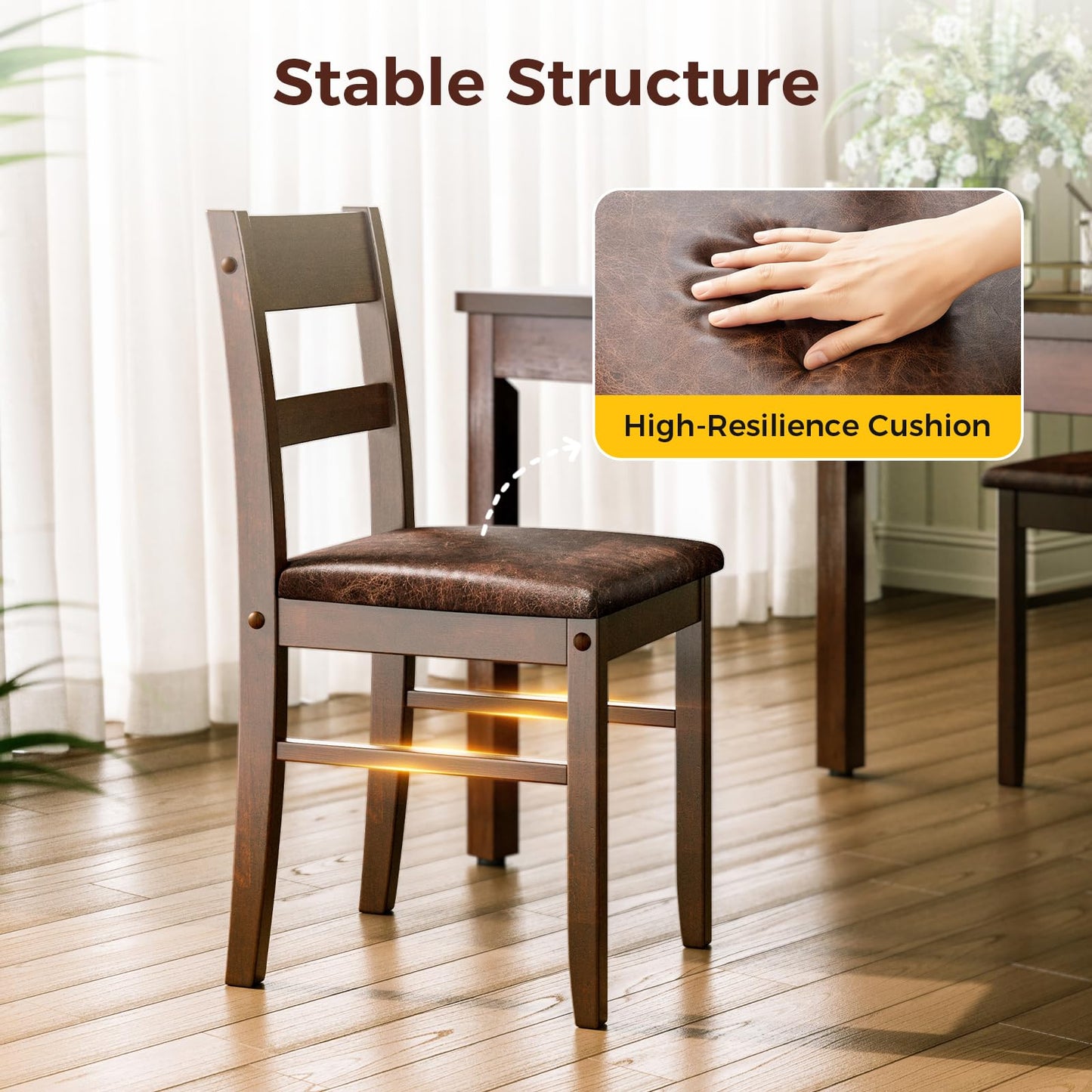 KKL Dining Table Set for 4, 5-Piece Solid Wood Kitchen Table and Upholstered Chairs, Space-Saving Dining Set with Padded Seats, Compact for Apartment, Home, Small Dining Room, Coffee Brown