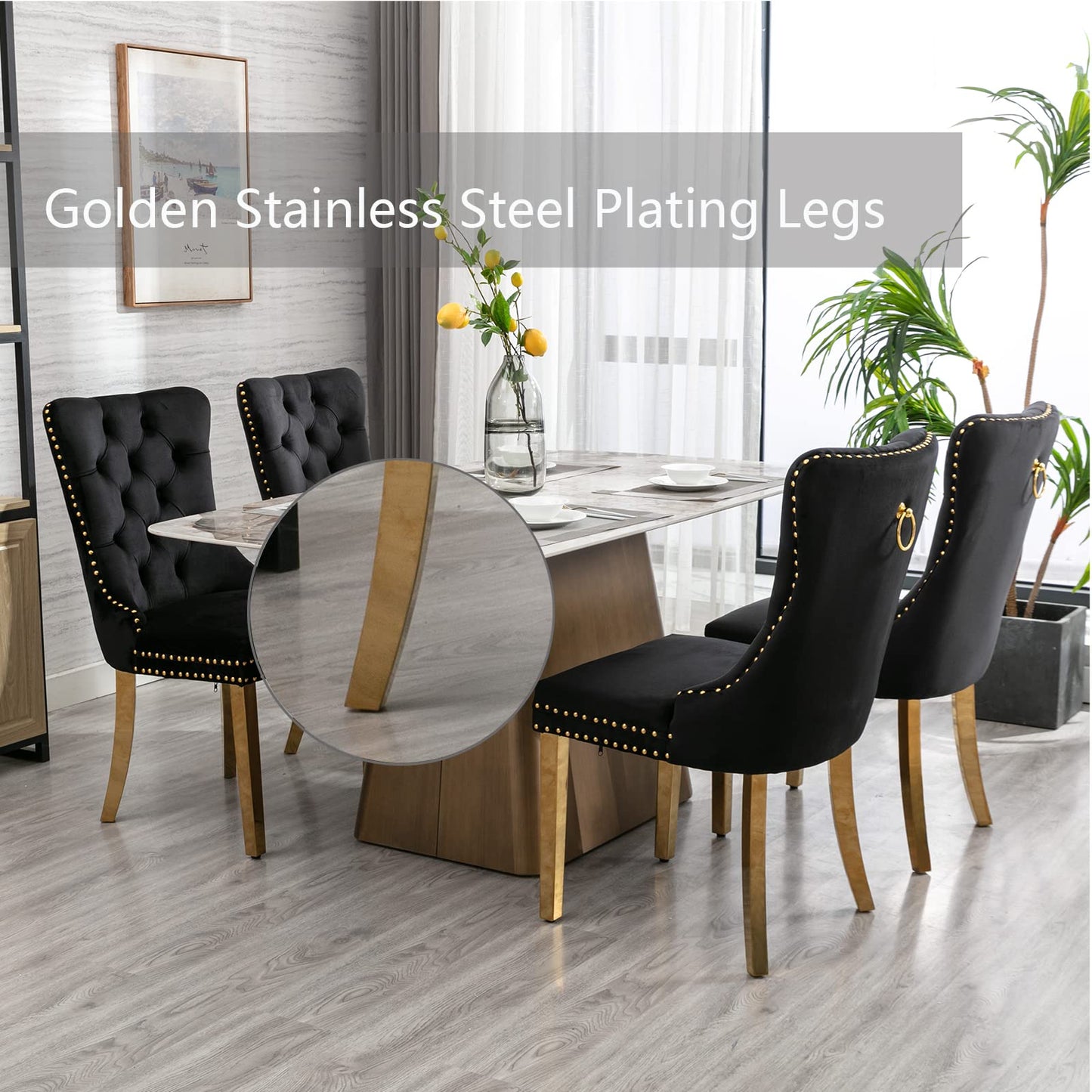 Black Dining Chairs Set of 6,Velvet Upholstered Dining Room Chairs with Back Ring Pull Trim and Golden Stainless Steel Legs,Modern Dining Chairs Perfect for Dining Room,Kitchen(Black)