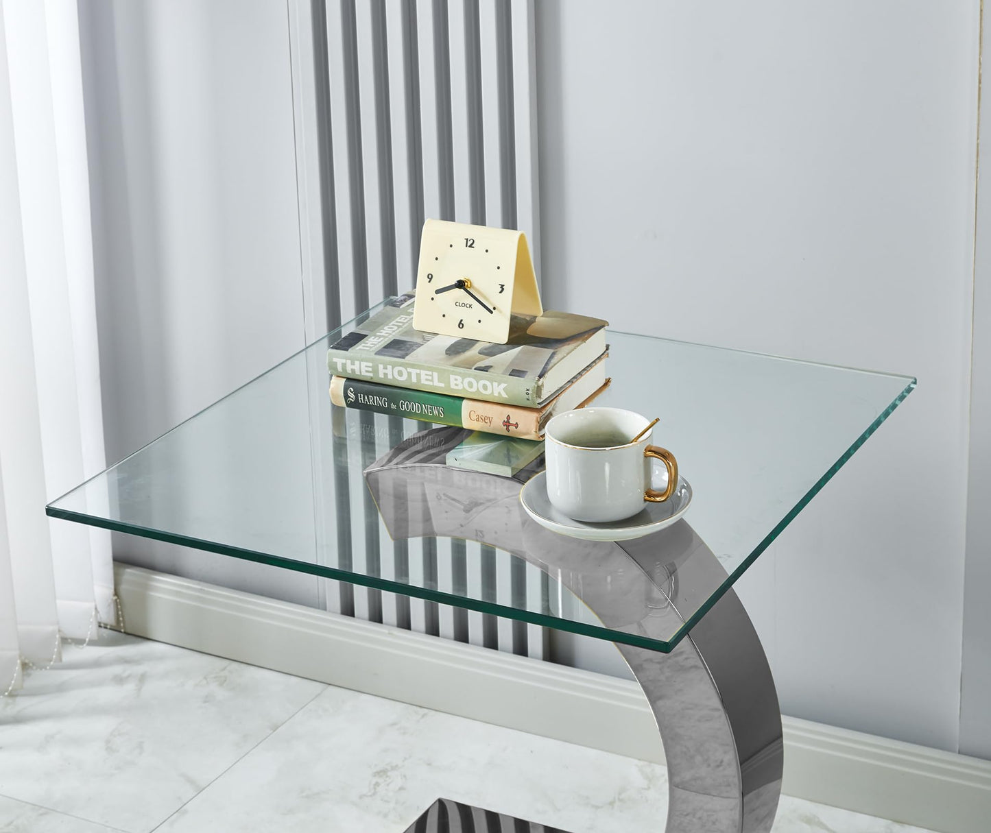 SSLine 1 Piece Living Room End Table Luxury Glass Side Table, Modern Silver End Table with C-Shape Stainless Steel Pedestal Base for Living Room Bedroom Office (1 End Table)