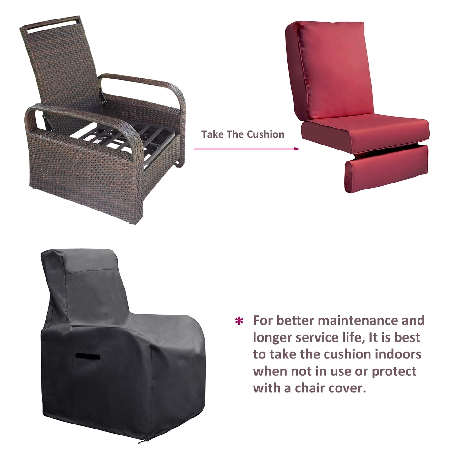 Babylon Dual-use Indoor/Outdoor Wicker Adjustable Recliner Chair, Patio Relaxing Lounge Rattan Armchair with Cushions (Brown Wicker+red Cushion)