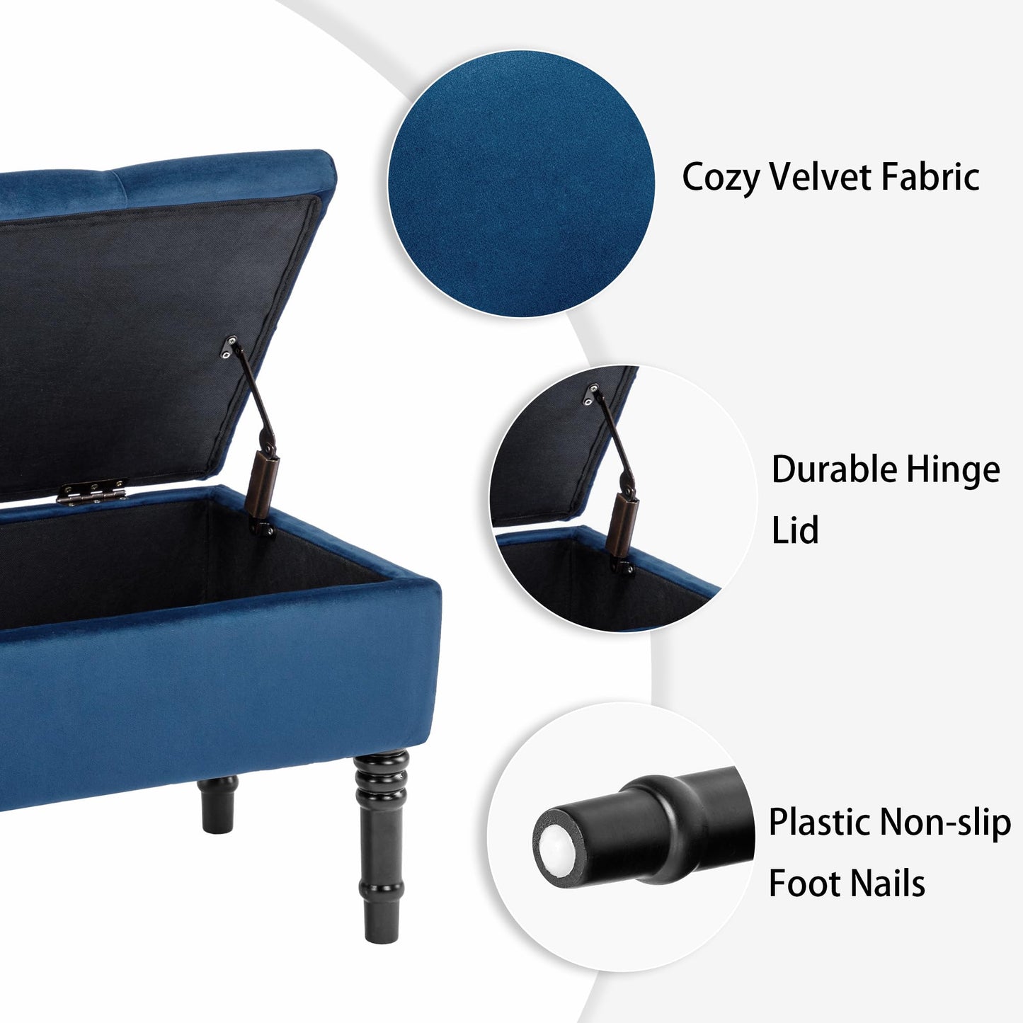 FOREDO Velvet Storage Ottoman Bench, Upholstered Storage Bench with Button Tufted, End of Bed Storage Bench, Blue