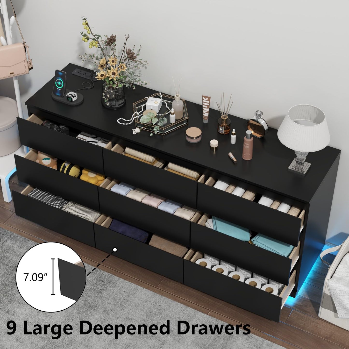 Gyfimoie 9 Drawer Dresser with Power Outlet and LED Lighting, Floating White Dresser Chest of Drawers, The Modern Organizer for Bedroom & Living Room (Black)