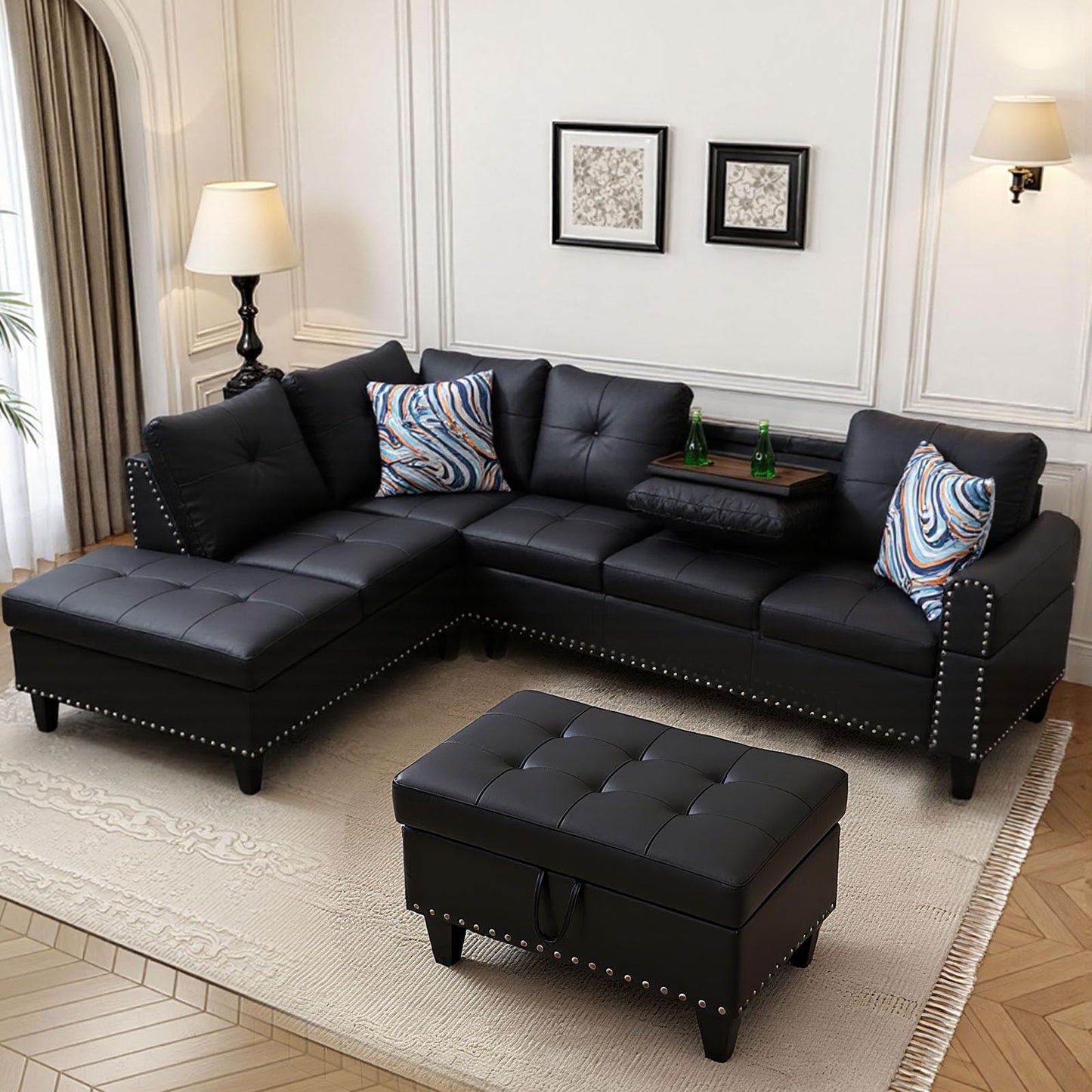 FONTOI L Shaped Sectional Couch with Cup Holders, 97" Sectional Sofa for Living Room Modular Couches with Otttoman for Bedroom, Apartments
