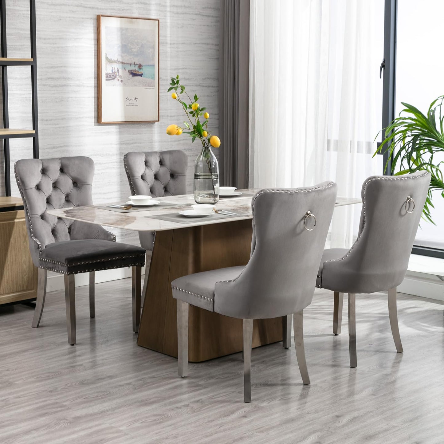 ODUSE-DAILY Gray Velvet Dining Chairs Set of 4 for Kitchen & Dining Room, High Tufted Back Dinning Chairs, Sillas de Comedor, Fabric Upholstered, Brushed Chrome Metal Legs, Grey