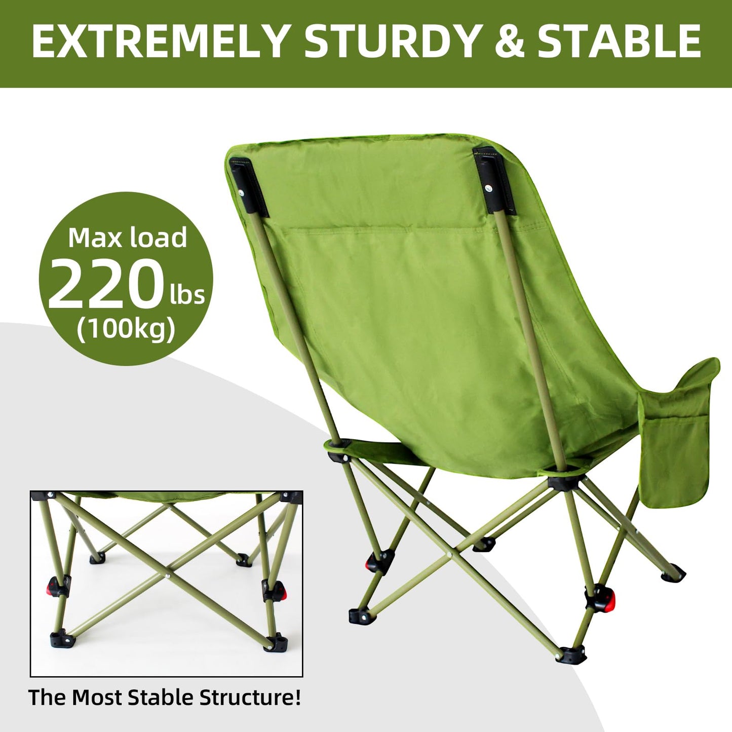 Outdoor Portable Camping Chair, Folding Camping Chair with Adjustable Backrest, Suitable for Patio/Fishing/Beach/Camp, Includes A Storage Bag (2 Pack-Green)