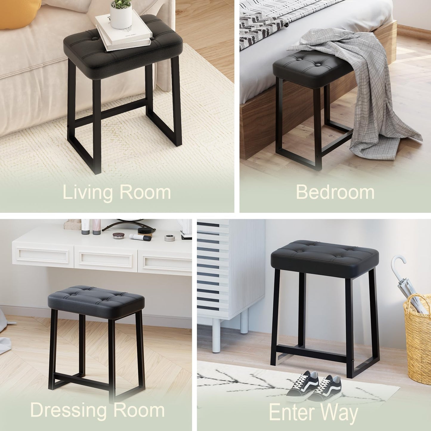 iTsst Vanity Stool Chair, Makeup Stool for Vanity,Small Ottoman Footrest for Bathroom, Bedroom, Living Room, Entryway, Offices，Leather &Metal Legs with Anti-Slip Feet, Black