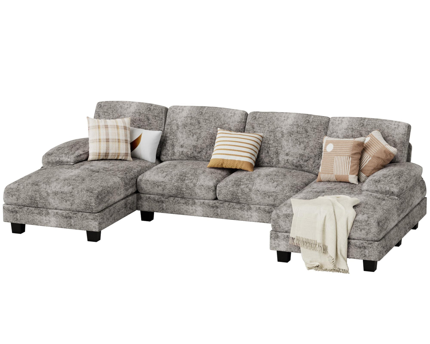 JUMMICO Sectional Couches for Living Room, U Shaped Couch with Chenille Fabric, 4 Seat Modern Sofa with Removable Pillows for Apartment and Small Space (Fabric, Grey)