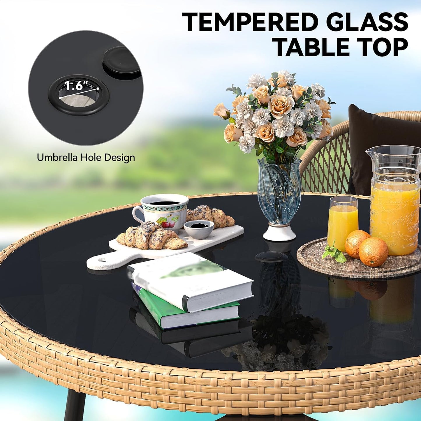 YITAHOME 6 Piece Patio Dining Set w/10ft Umbrella, 4-Person Outdoor Dining Set w/Tempered Glass Tabletop & 4 Dining Chairs, Outdoor Patio Dining Set for Deck Lawn Porch