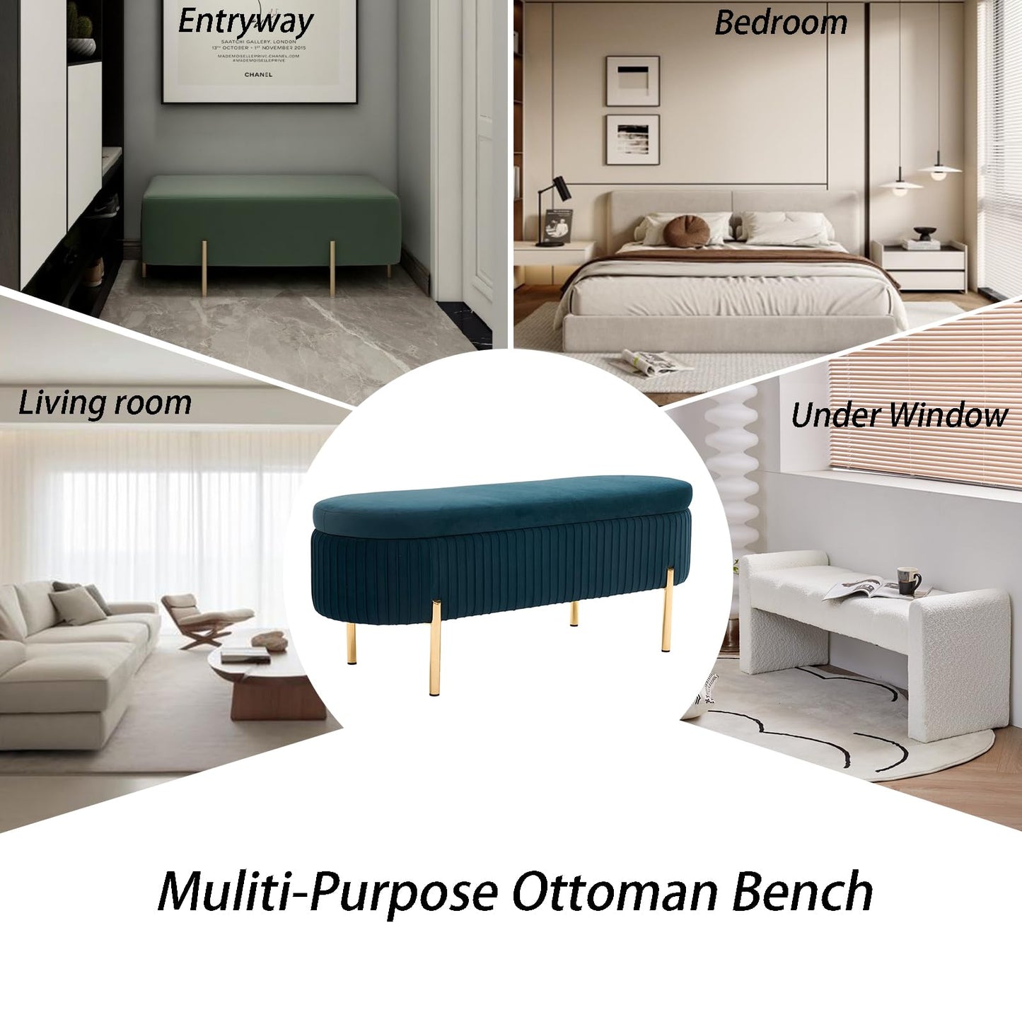 AIITTCC Velvet Storage Bench for Bedroom Upholstered End of Bed Bench Modern Ottoman with Gold Legs for Living Room/Window/Entryway (Teal/Blue-Green, Oval-45.5" W)