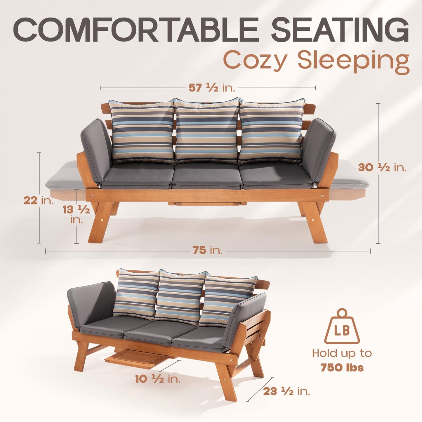 IDZO Amelie Eucalyptus Convertible Outdoor Sofa, 750lbs Capacity Patio Couch with Folding Armrest & Coffee Tray, FSC Certified Wood Furniture Set with 3 Pillows, High Static Load - Gray