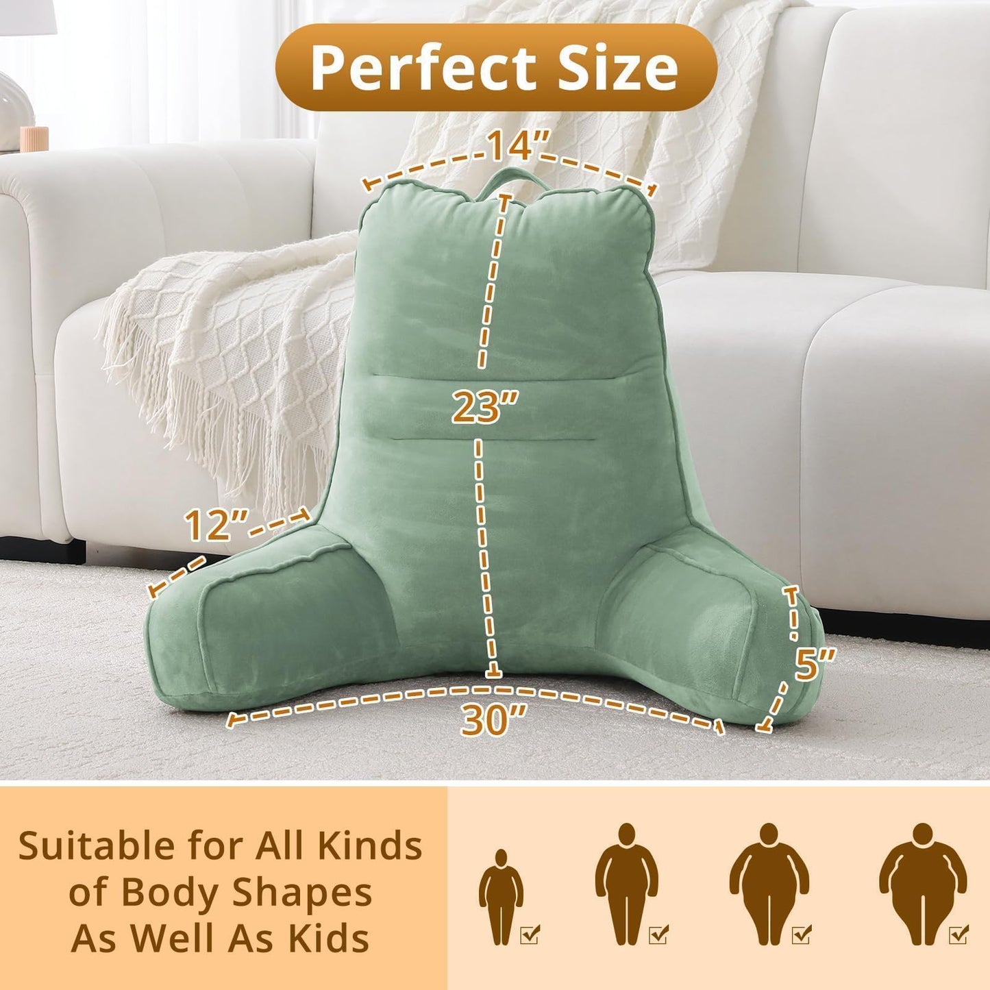 Sasttie Reading Pillow for Bed - 23 Inch, Back Pillow for Bed Sitting Up, Back-Rest Support Cushion with Side Pockets and Arms, Dorm Essentials, Oeko-Tex Certified, Sage